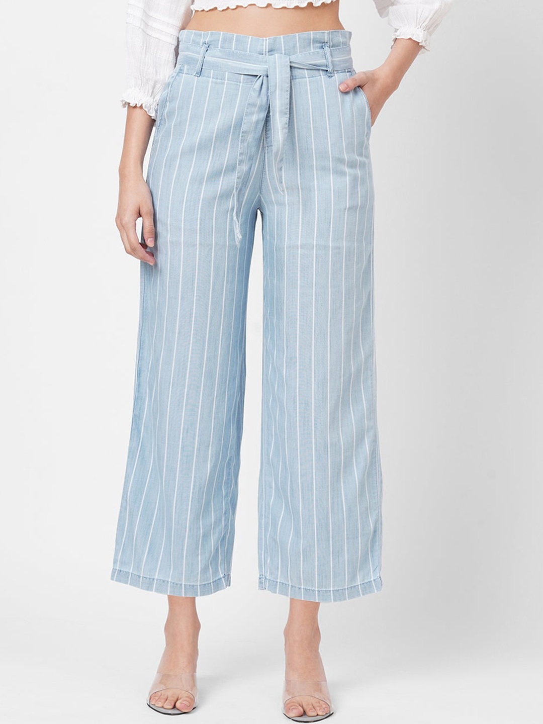 

Kraus Jeans Women Striped Loose Fit High-Rise Trousers, Blue