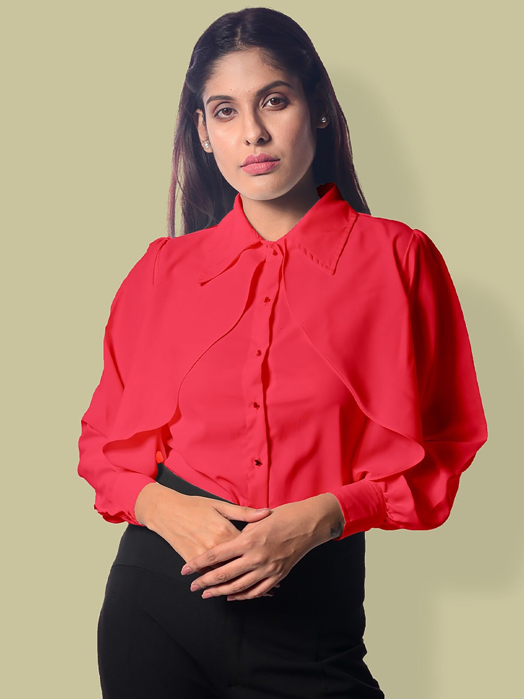 

MODWEE Women Ruffles Crepe Shirt Style Top, Red