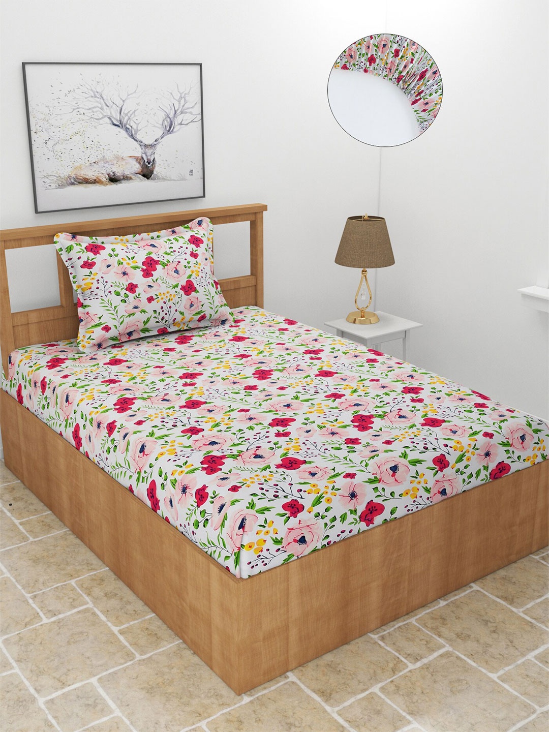 

MORADO Pink & White Floral 210 TC Fitted Single Bedsheet with 1 Pillow Cover