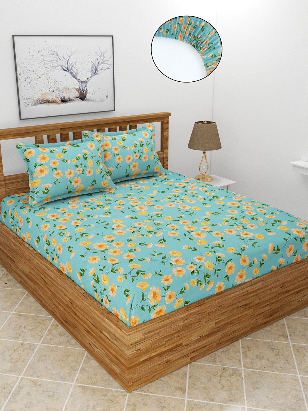 

MORADO Turquoise Blue & Yellow Floral 210 TC Fitted Queen Bedsheet with 2 Pillow Covers