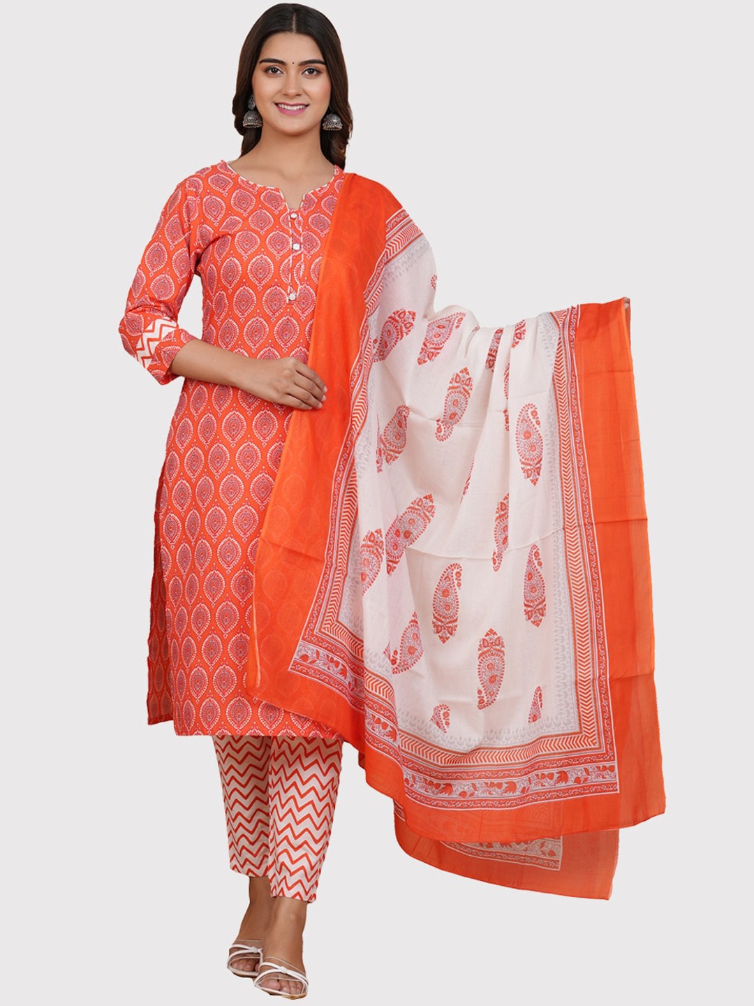 

KALINI Ethnic Motifs Printed Notched Neck Pure Cotton Kurta with Trousers & Dupatta, Peach