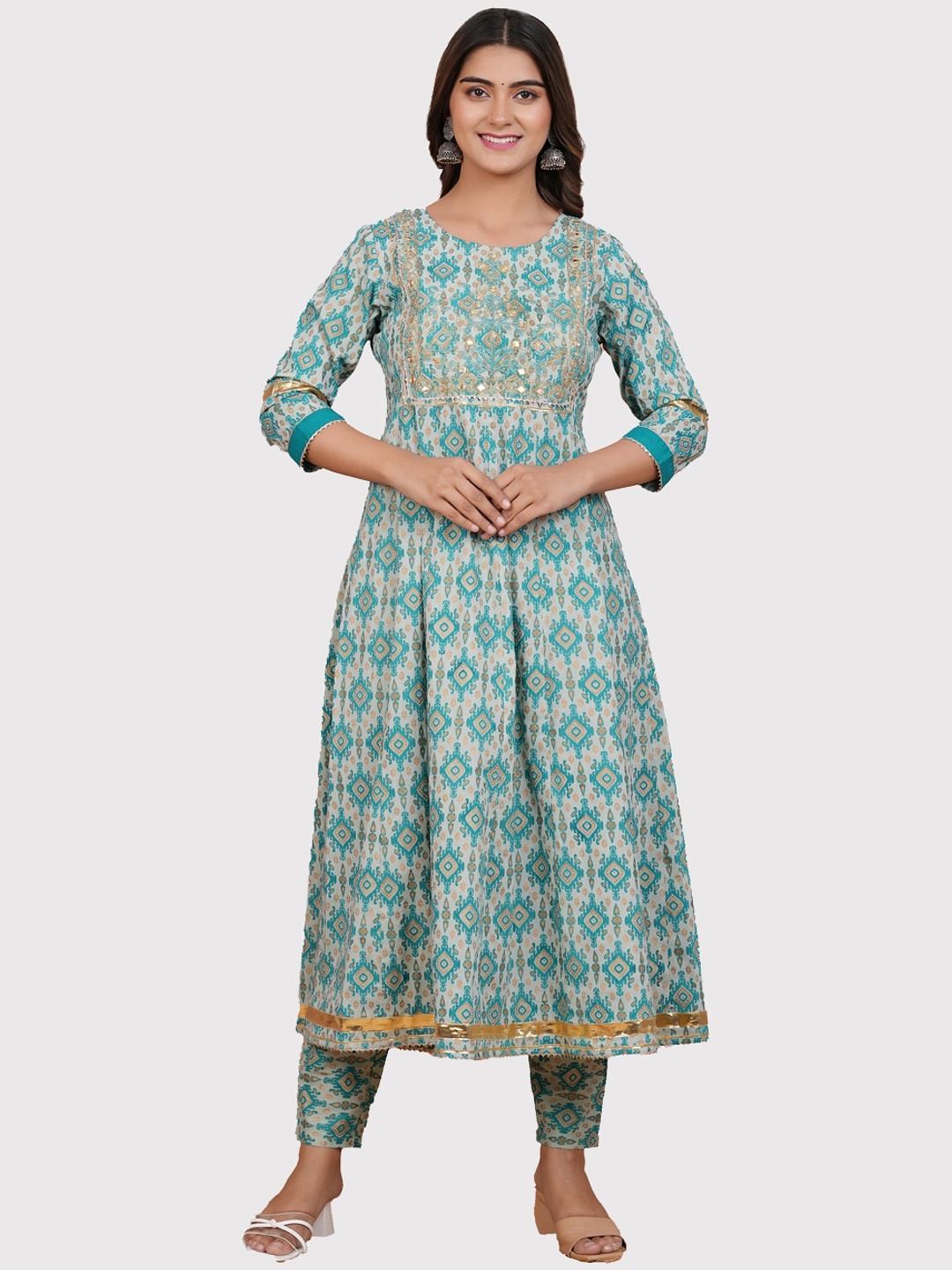 

KALINI Ethnic Motifs Printed Empire Kurta with Trousers & Dupatta, Sea green