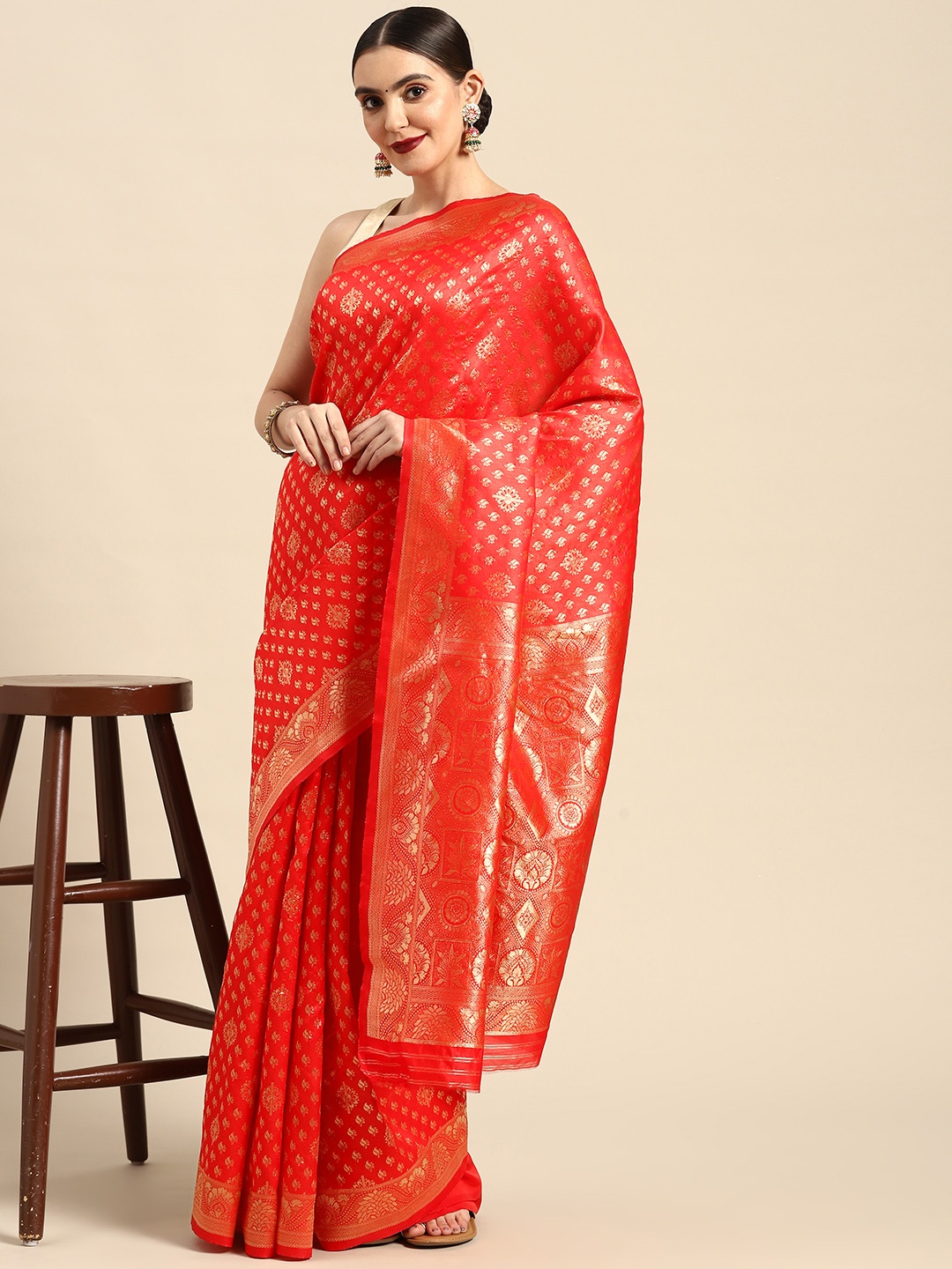 

Leeza Store Red & Gold-Toned Ethnic Motifs Zari Banarasi Saree