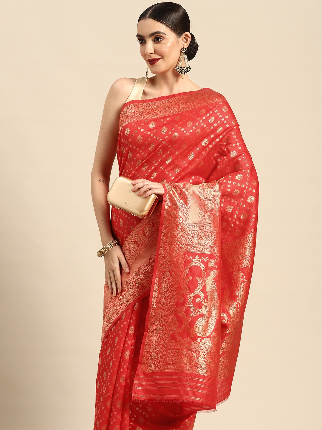 

Leeza Store Red & Gold-Toned Ethnic Motifs Zari Banarasi Saree