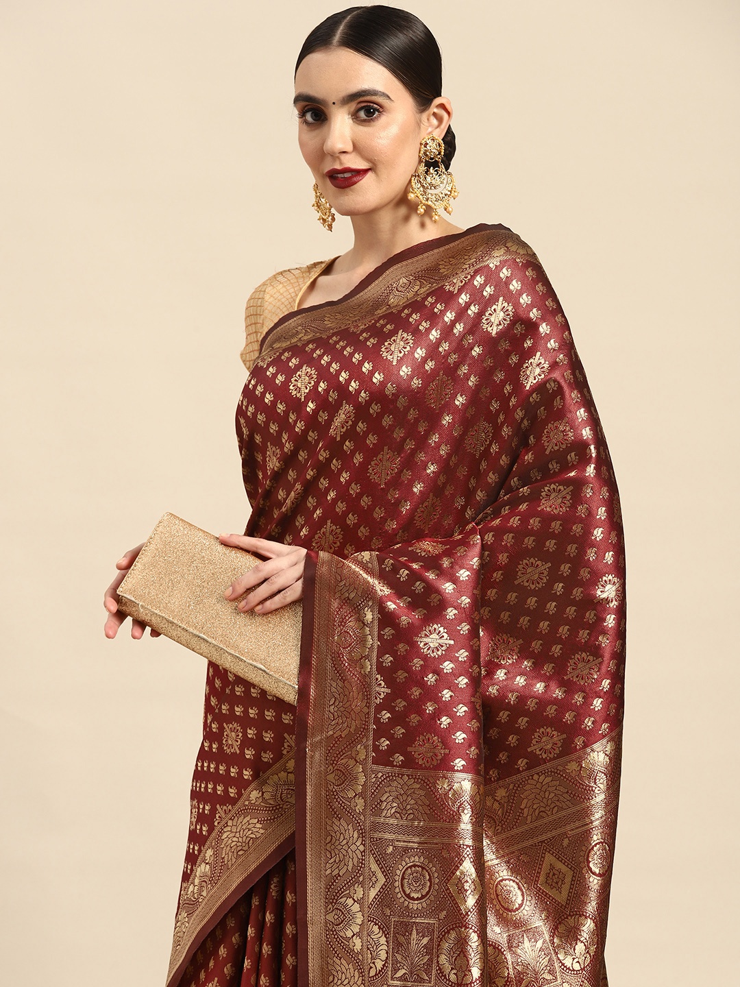 

Leeza Store Maroon & Gold-Toned Ethnic Motifs Zari Banarasi Saree