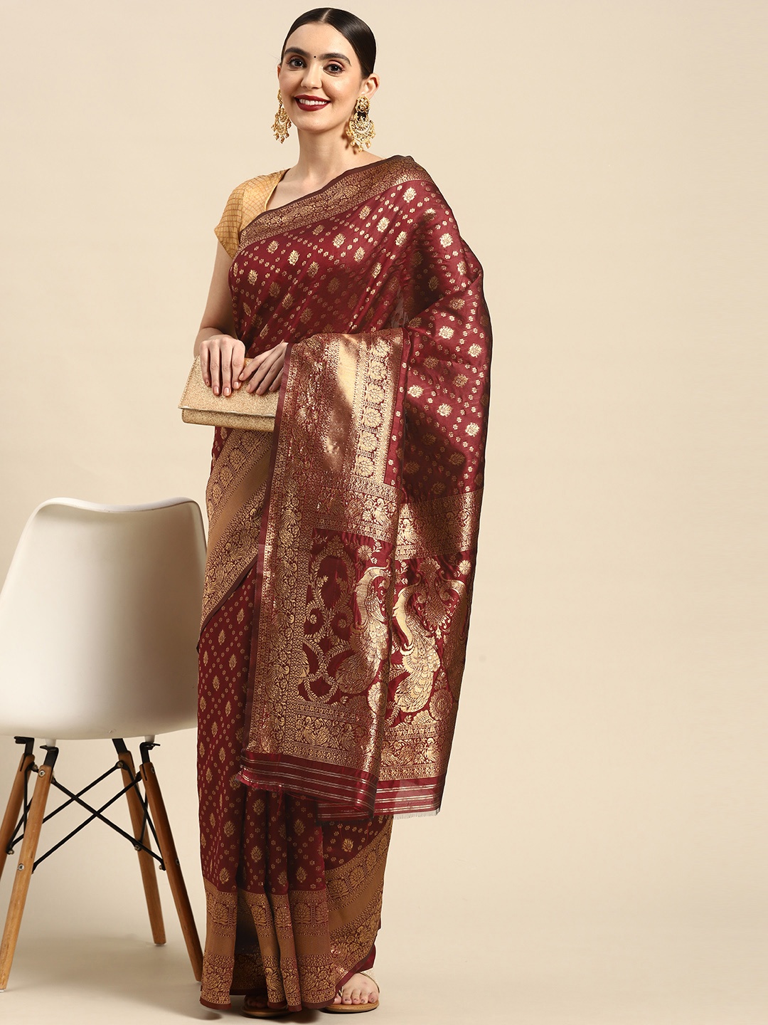 

Leeza Store Maroon & Gold-Toned Ethnic Motifs Zari Banarasi Saree