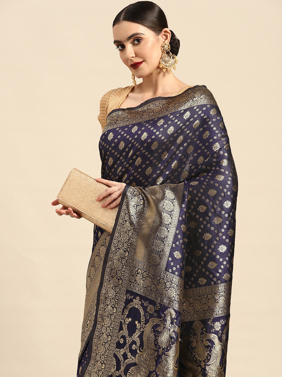 

Leeza Store Navy Blue & Gold-Toned Ethnic Motifs Zari Banarasi Saree