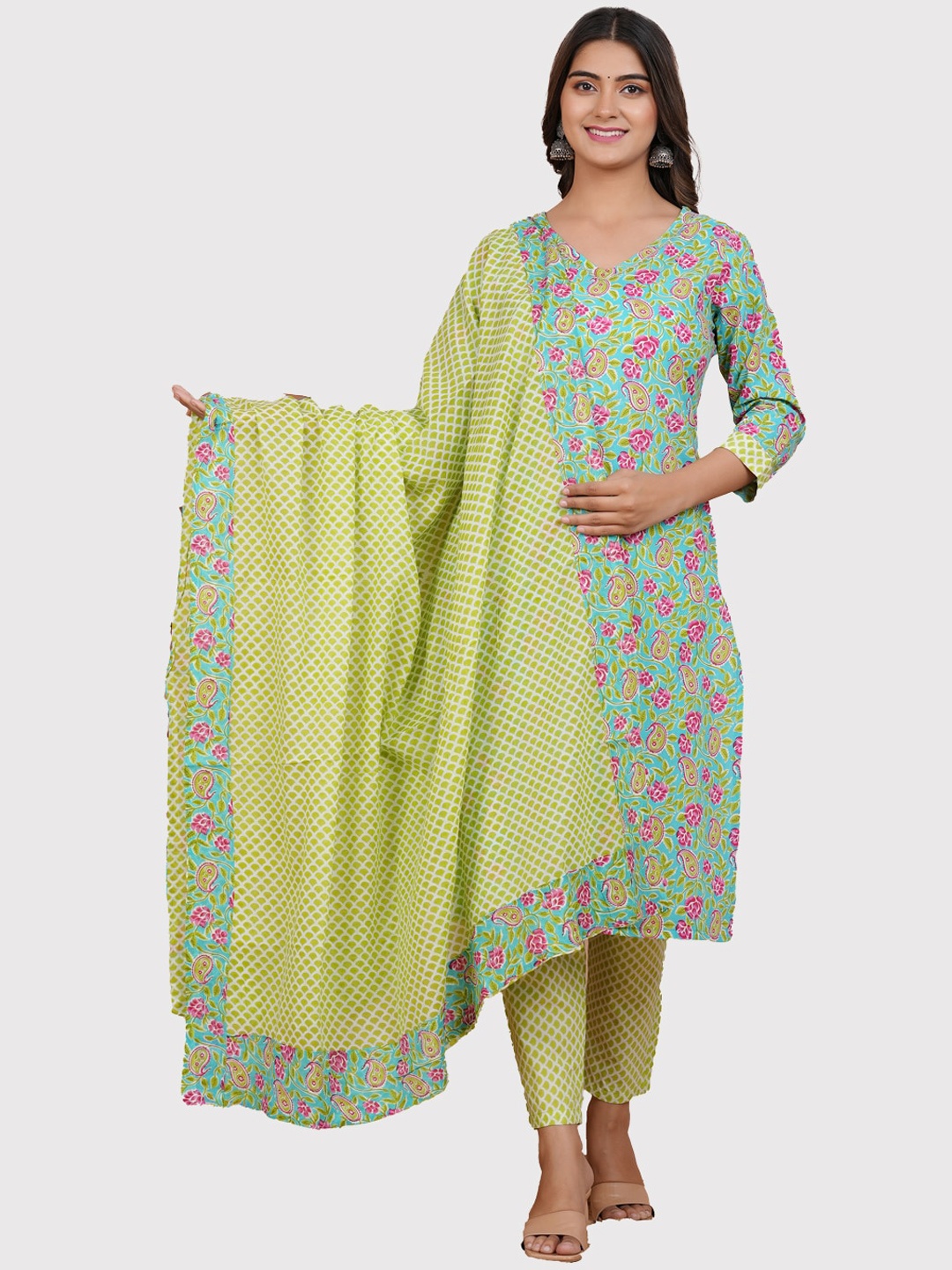 

ERISHA Floral Printed Pure Cotton Kurta with Trousers & Dupatta, Lime green