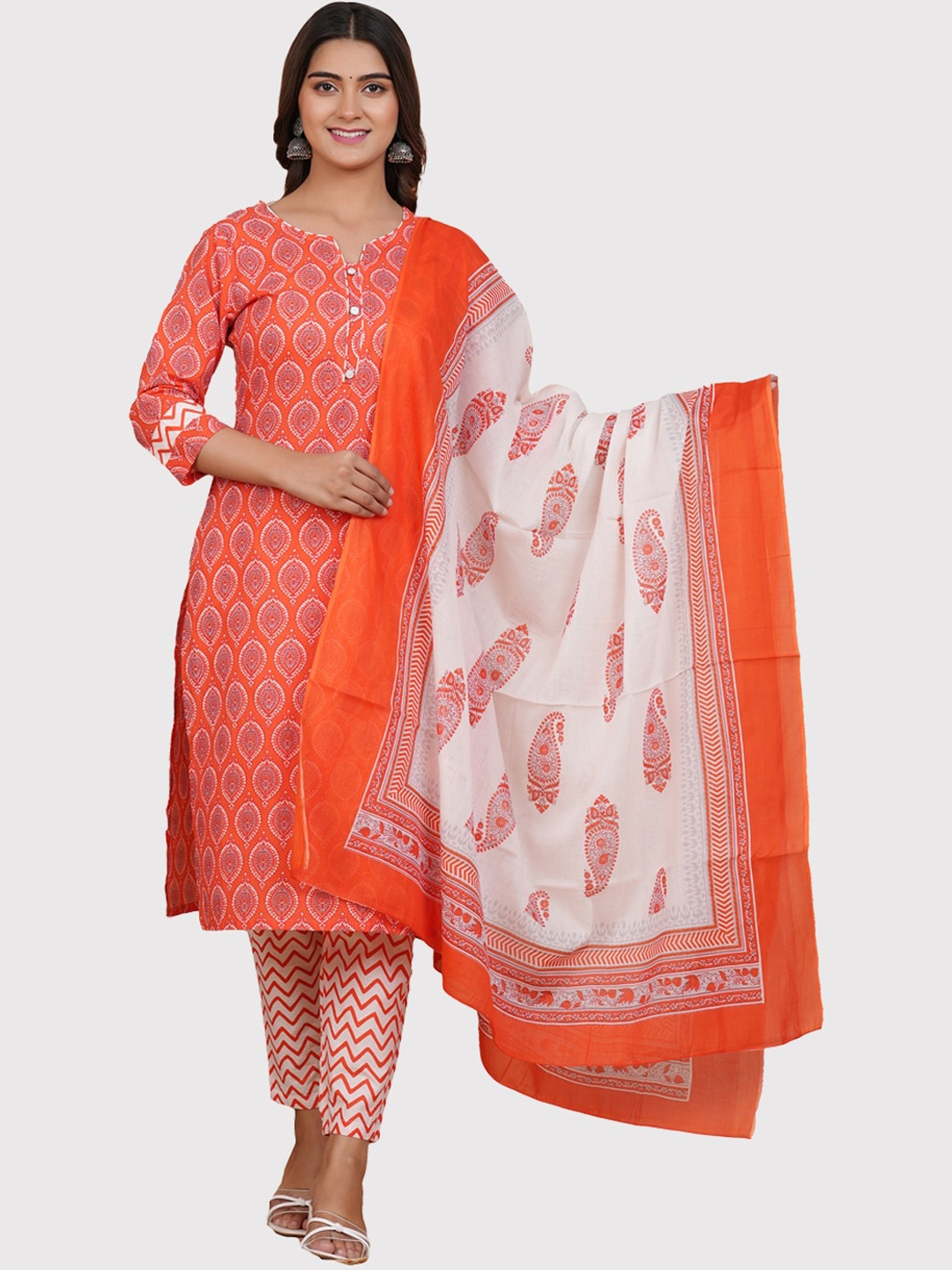 

ERISHA Paisley Printed Notch Neck Pure Cotton Kurta with Trousers & Dupatta, Orange