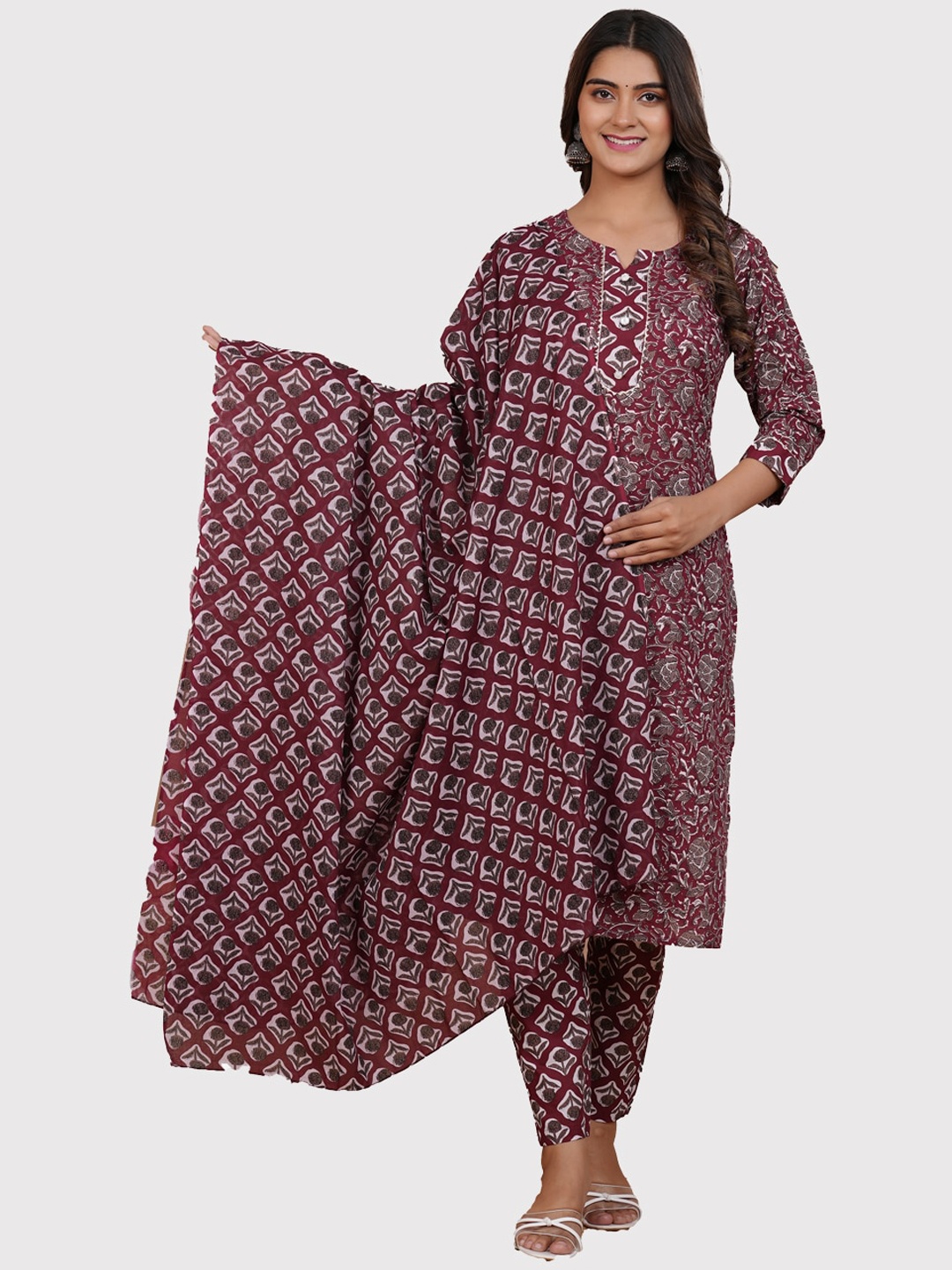 

ERISHA Women Brown Floral Printed Pure Cotton Kurta with Trousers & With Dupatta