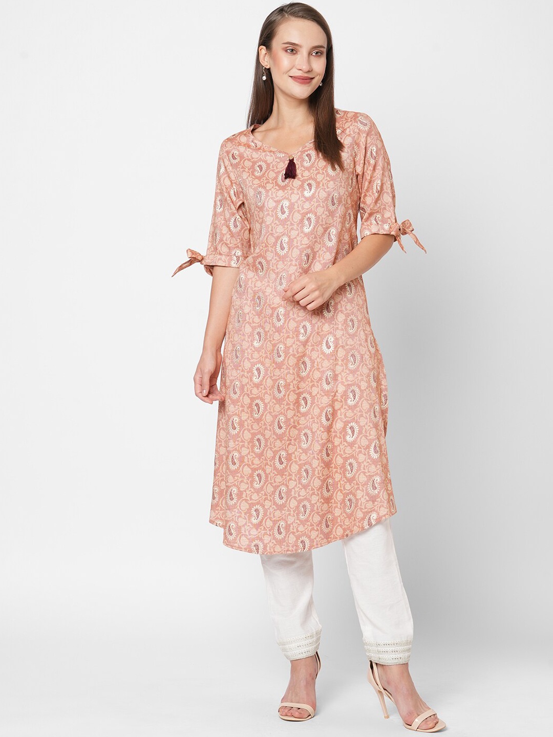 

Fusion Beats Women Paisley Printed A-Line Kurta, Peach