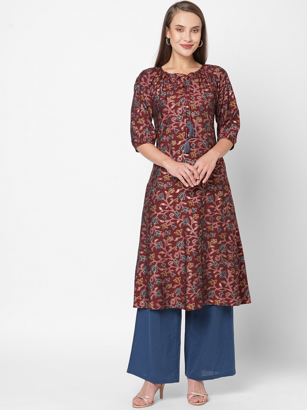 

Fusion Beats Women Floral Printed Kurta, Maroon