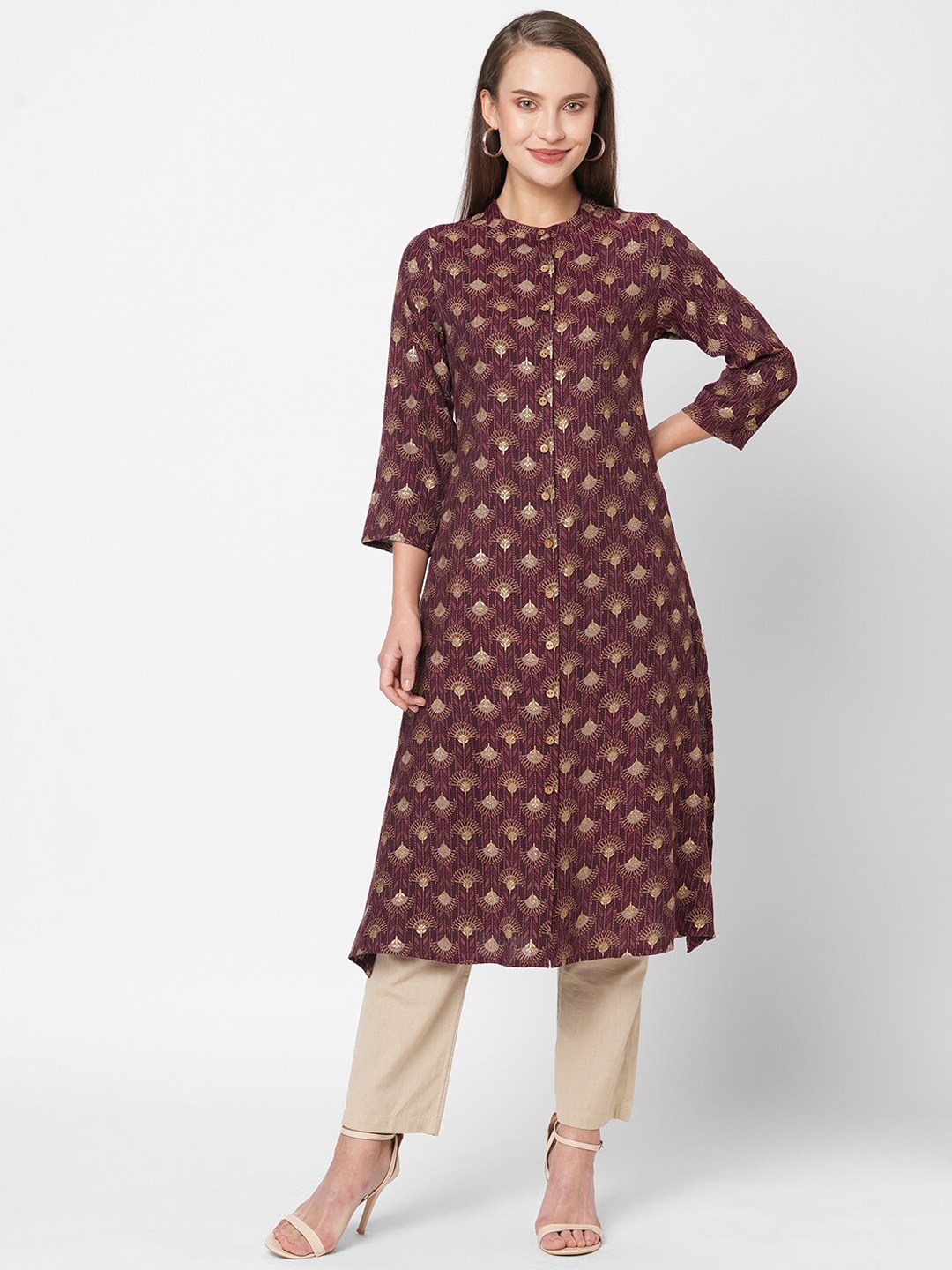 

Fusion Beats Ethnic Motifs Shirt Collar Printed Kurta, Maroon