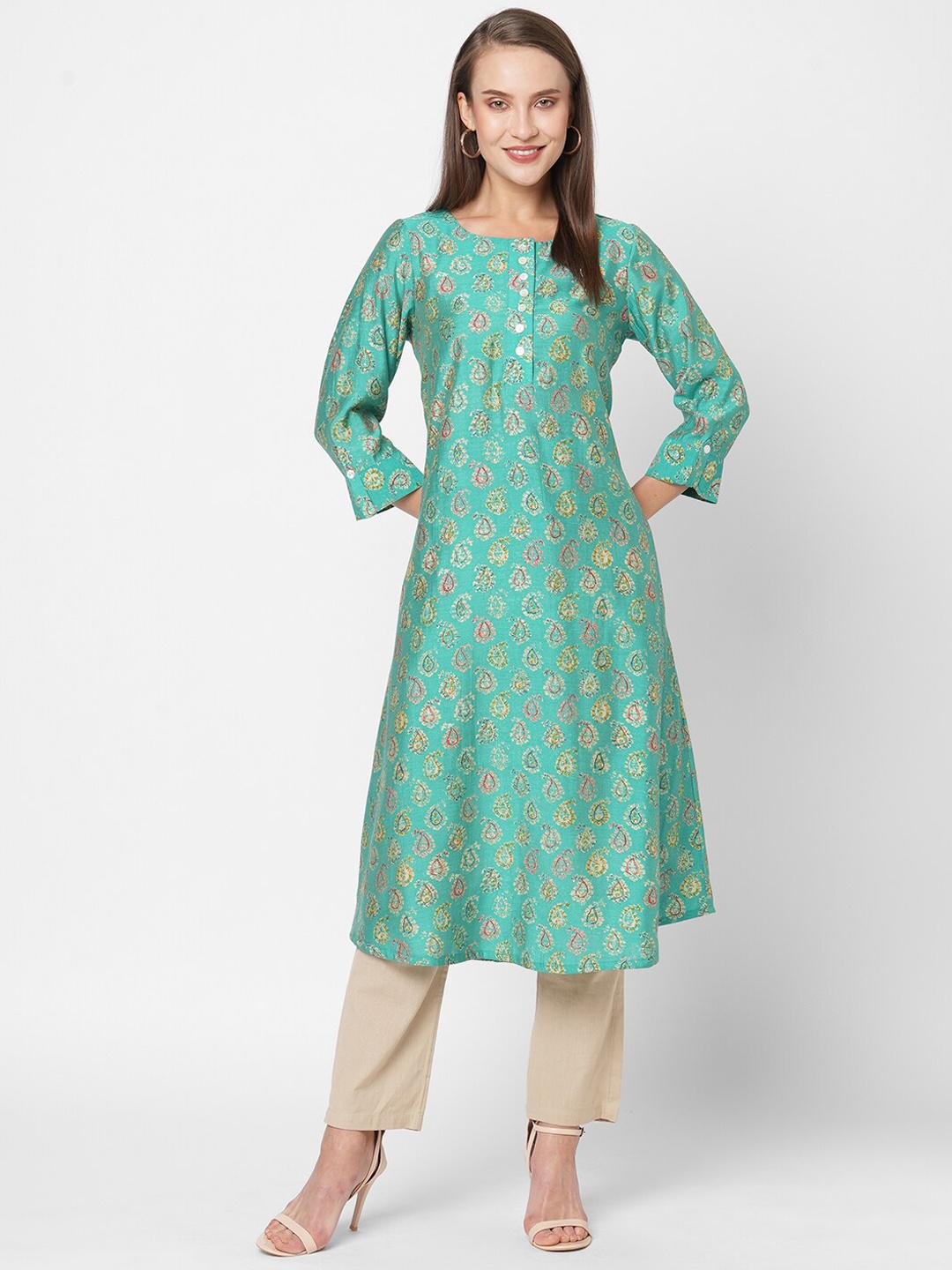 

Fusion Beats Women Paisley Printed Kurta, Sea green