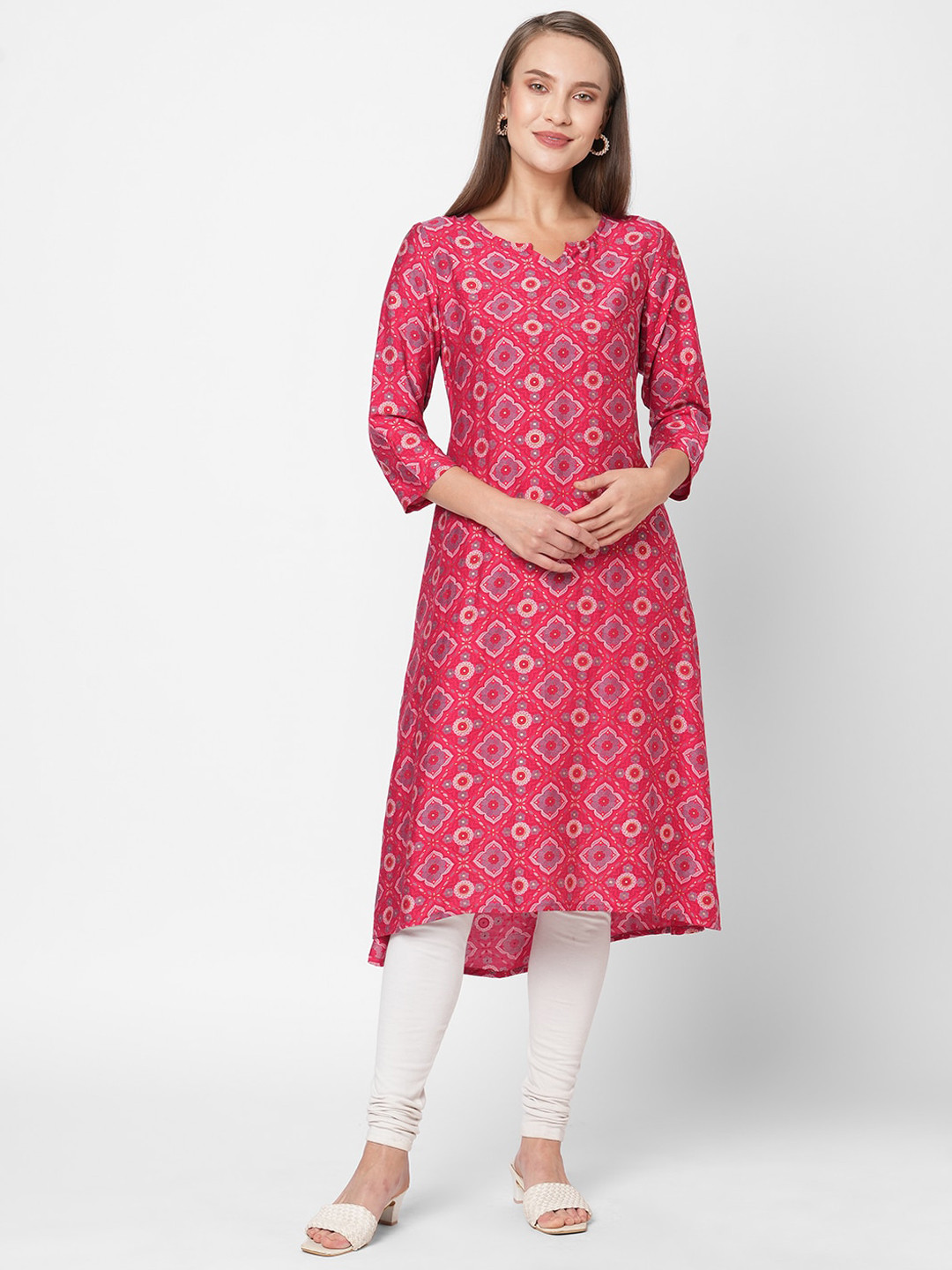 

Fusion Beats Women Ethnic Motifs Printed Notch Neck Kurta, Pink