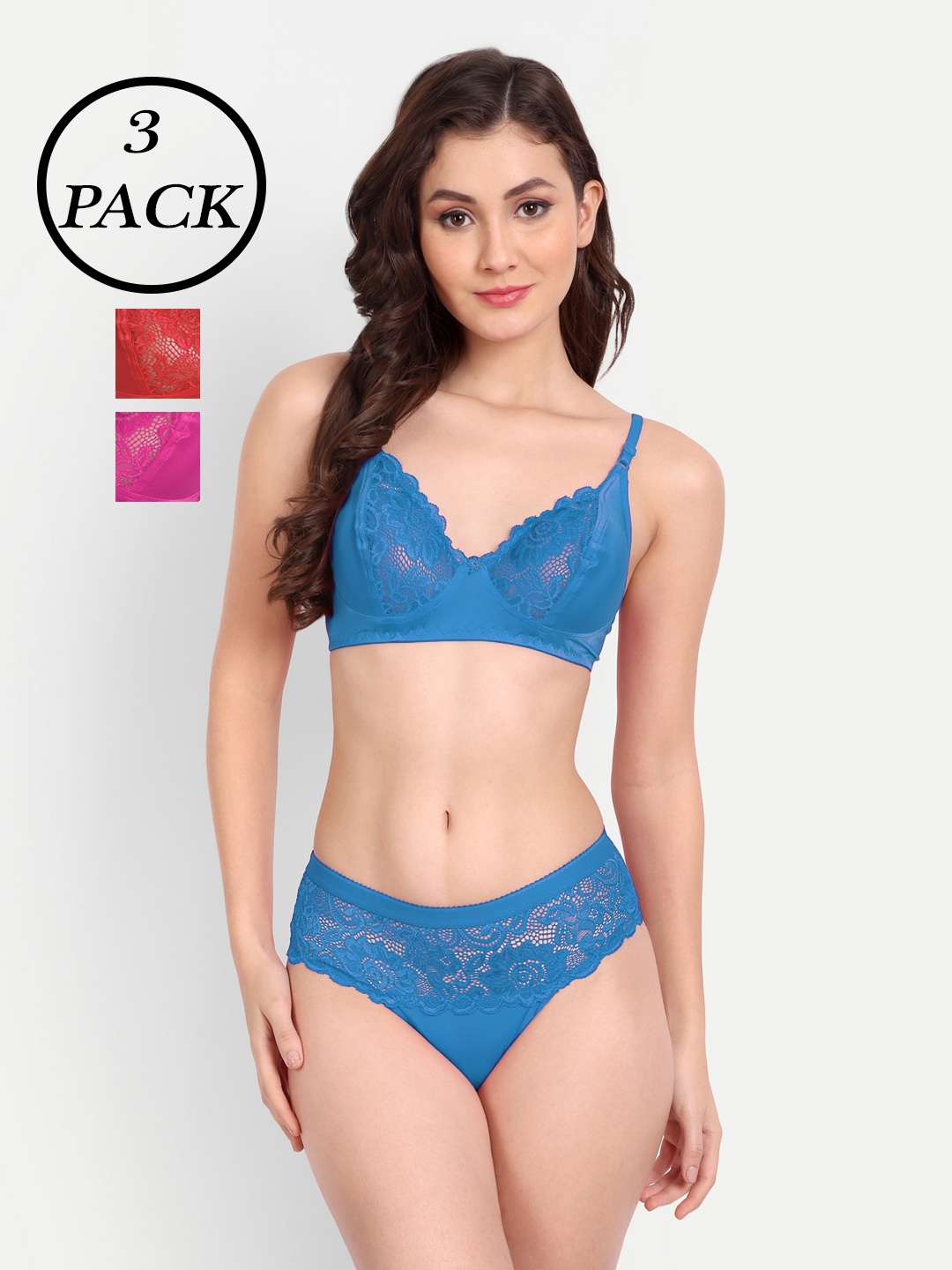 

FIMS Pack Of 3 Self-Design Lace Lingerie Set, Blue