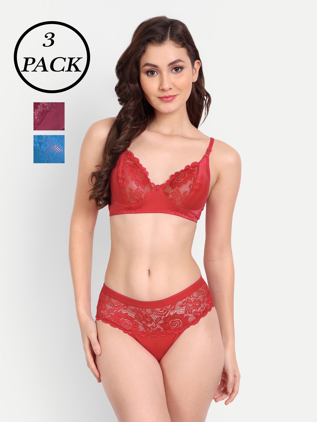 FIMS Pack Of 3 Self-Design Lingerie Set NEW_Kat_Set_BlueMaroonRed_B, Blue