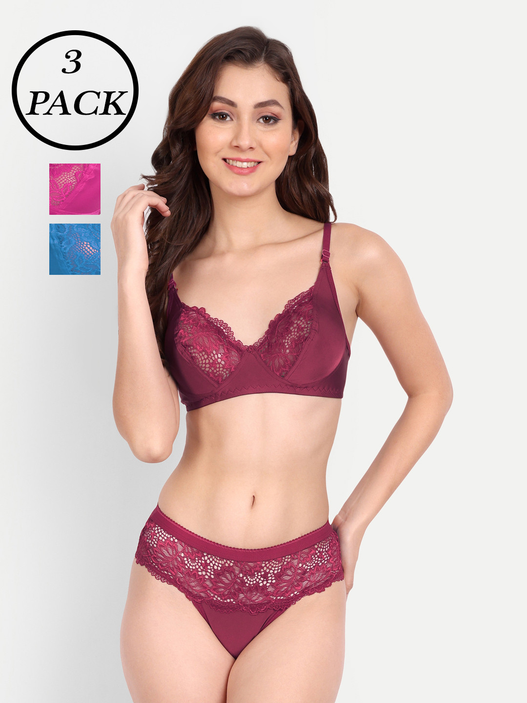

FIMS Pack Of 3 Self-Design Lingerie Set, Blue
