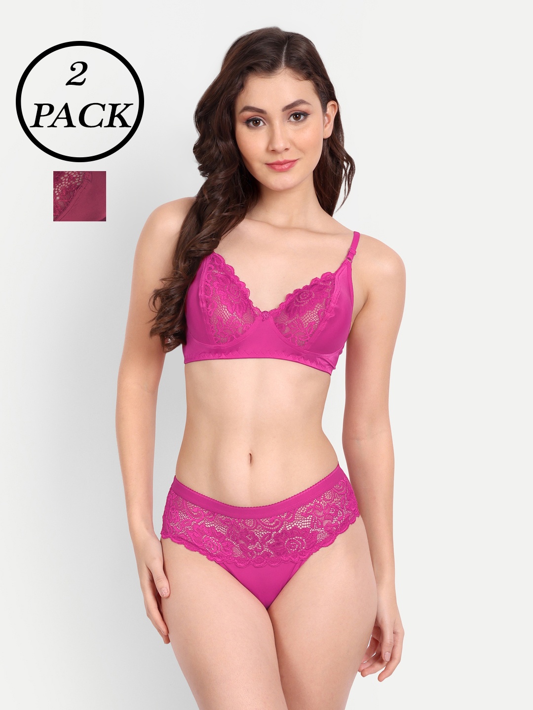 

FIMS Pack Of 2 Self-Design Lace Lingerie Set, Pink