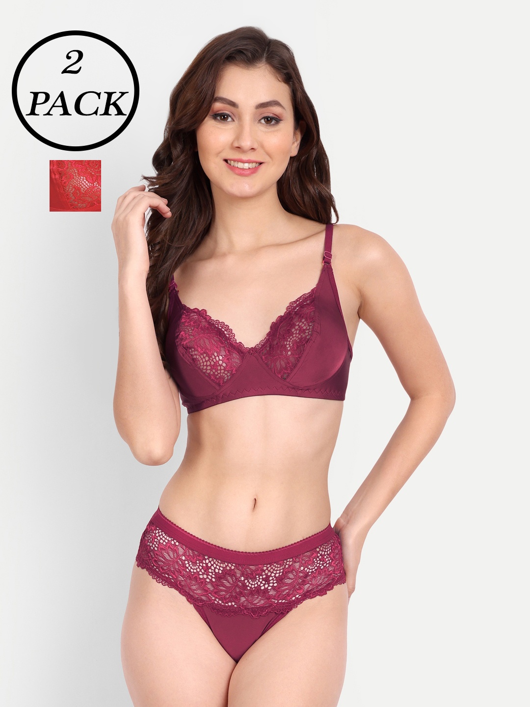 

FIMS Pack Of 2 Self-Design Lingerie Set, Maroon