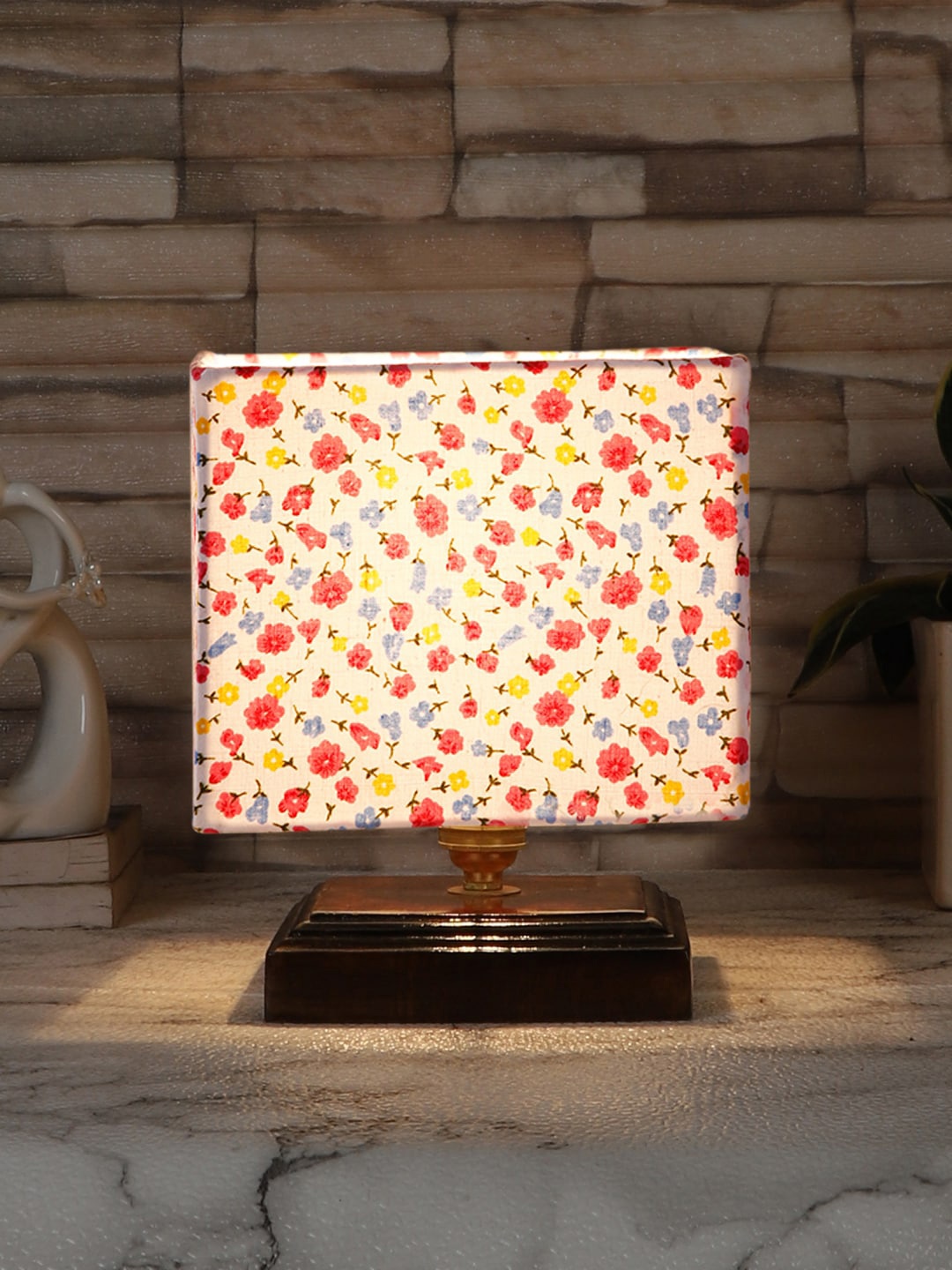 

Devansh White & Pink Floral Printed Square wooden Table Lamp