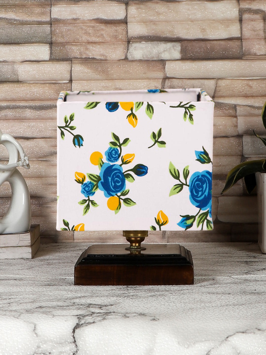 

Devansh White & Blue Floral Printed Table Lamp with wood square base