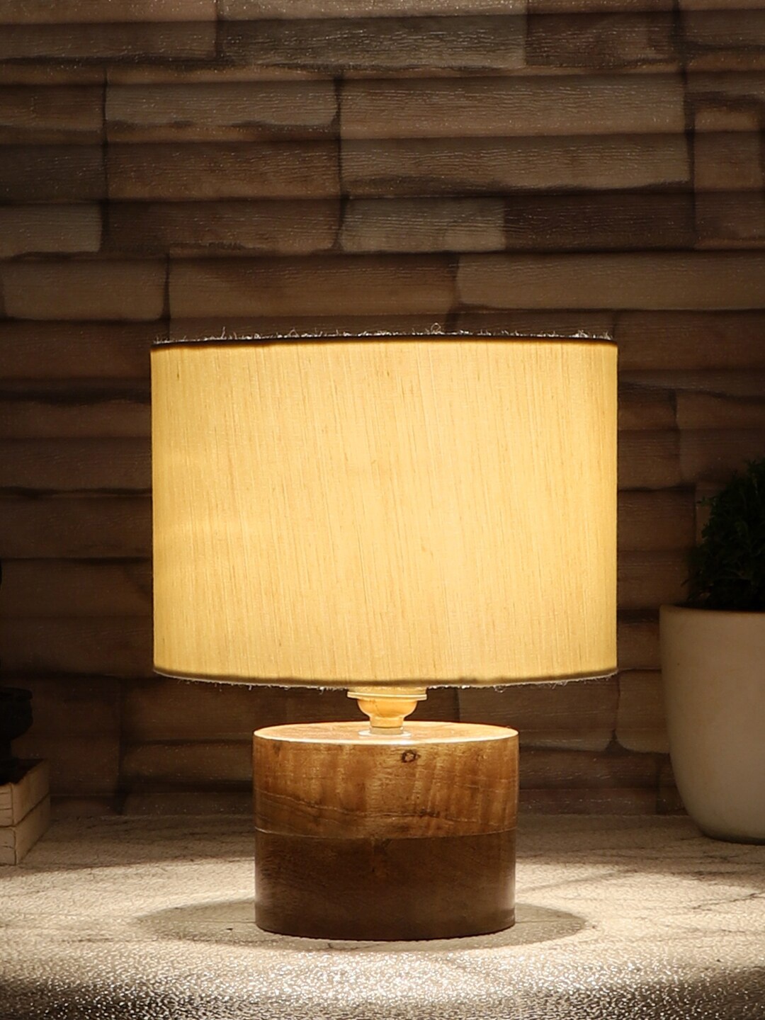

Devansh Off White & Brown Wooden Table Lamp With Natural Wood Base