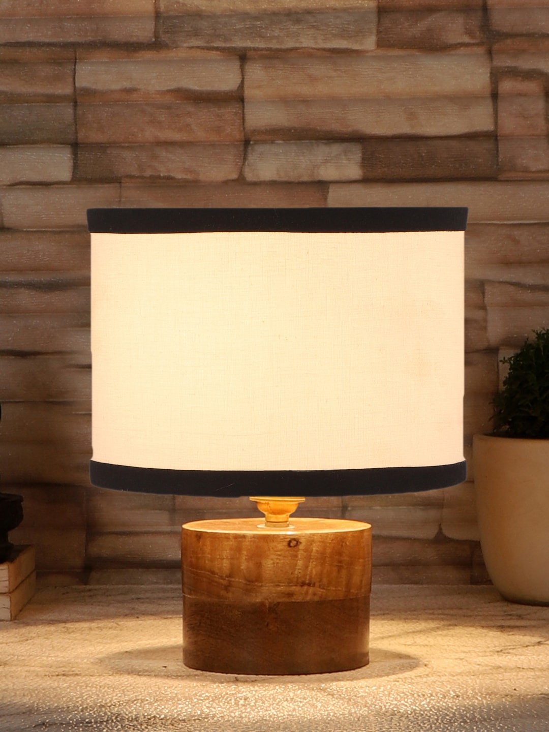 

Devansh White & Brown Cotton Table Lamp With Natural Wood Base