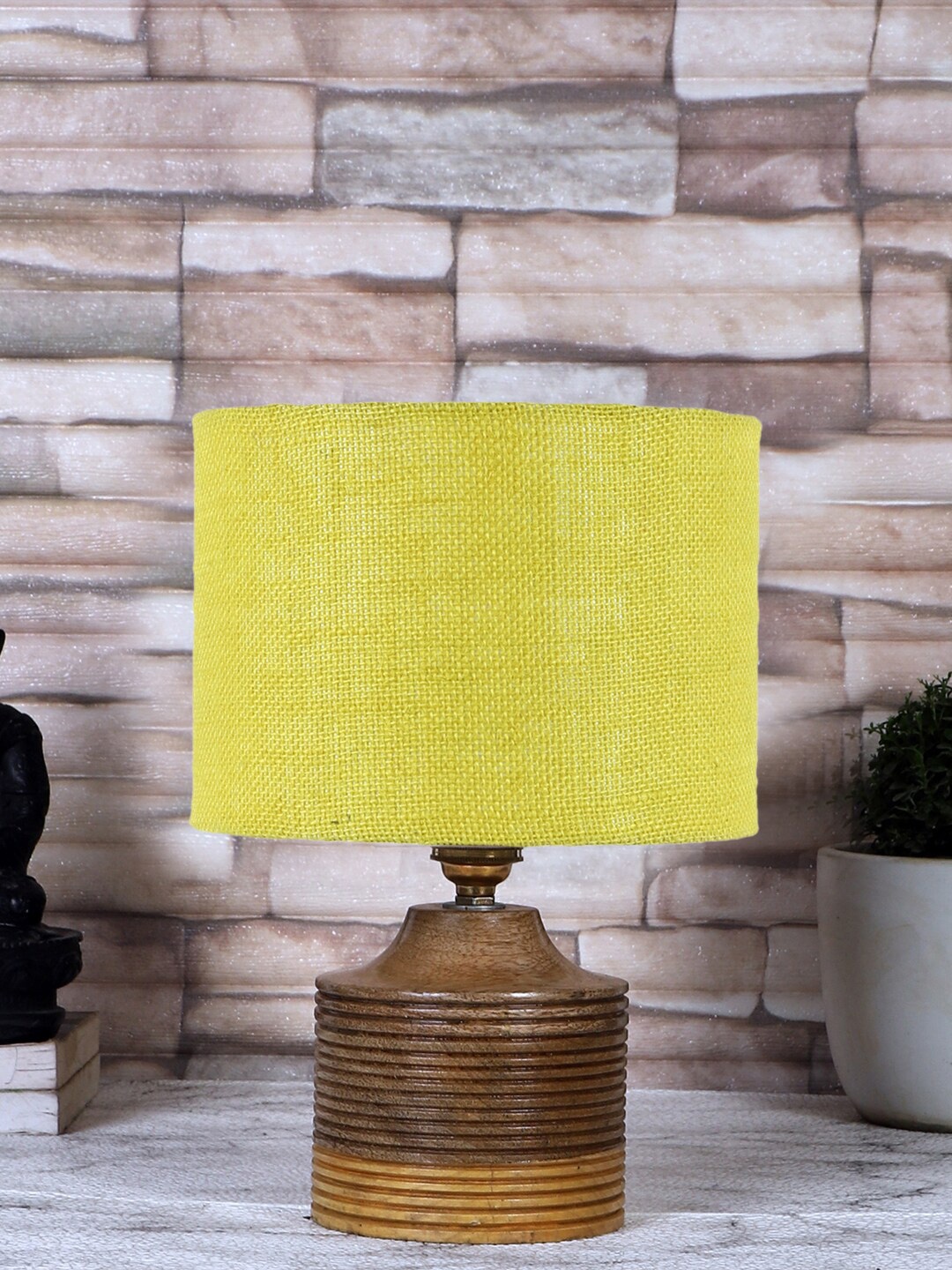 

Devansh Yellow Printed Jute Shade Table Lamp With Natural Wood Base