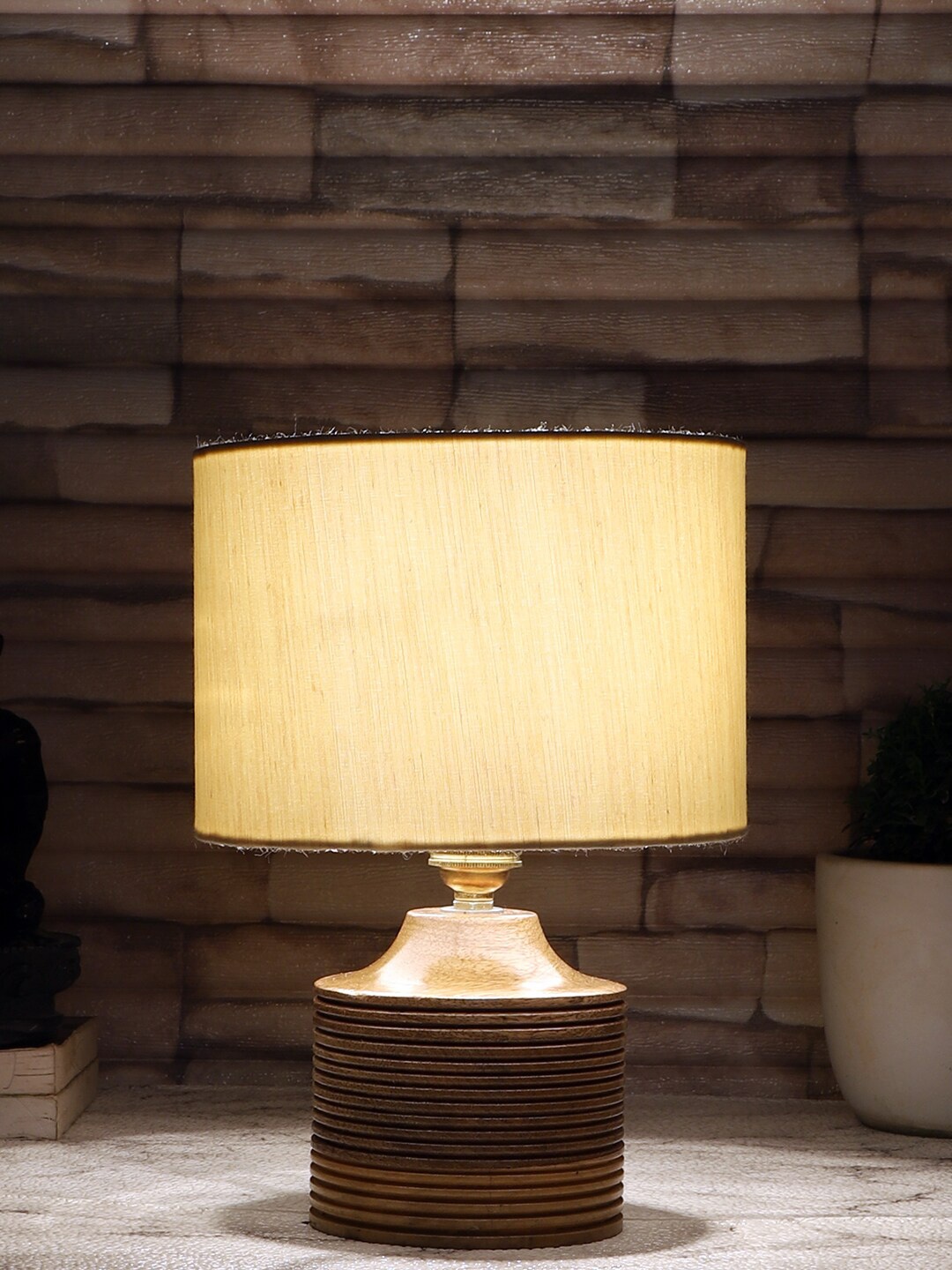 

Devansh Off White Cotton Cylindrical Table Lamp With Natural Wood Base