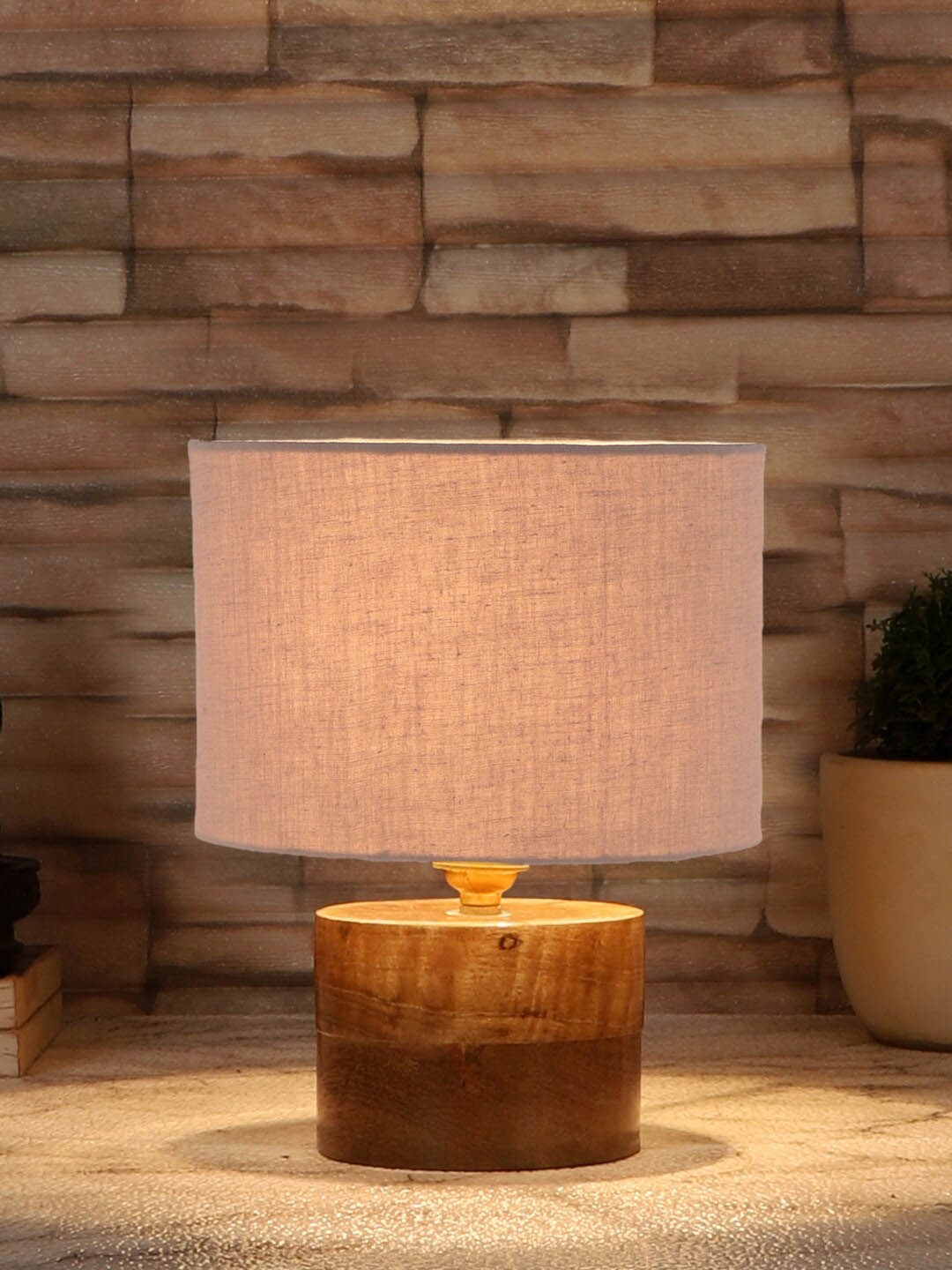 

Devansh Grey Cotton Table Lamp With Natural Wood Base