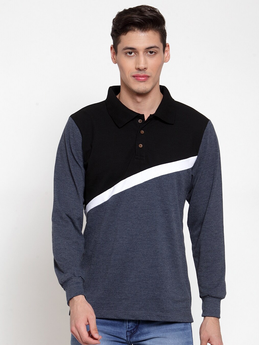 

Kalt Men Navy Blue & Black Colourblocked Polo Collar T-shirt