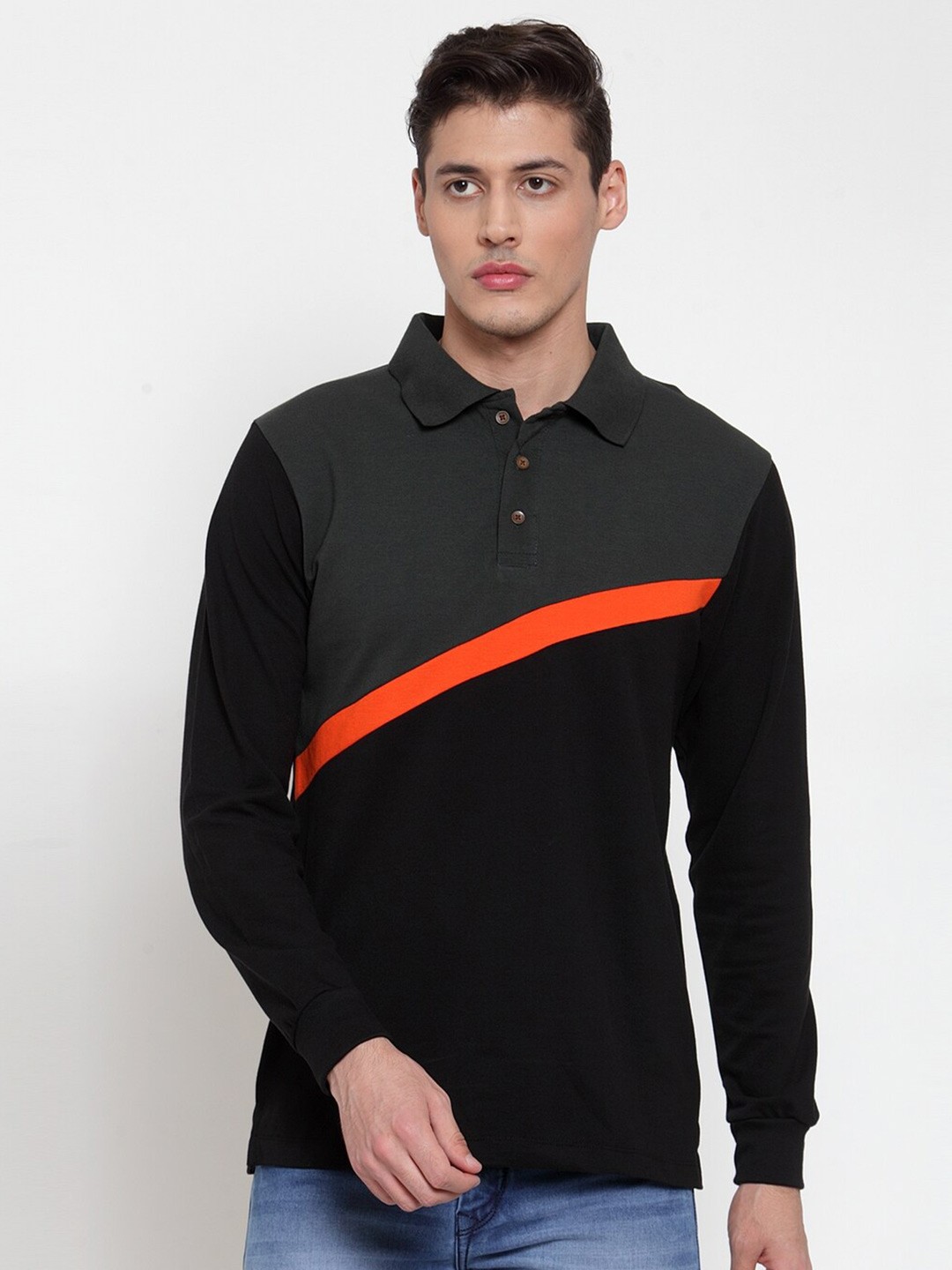 

Kalt Men Black & Charcoal Polo Collar T-shirt