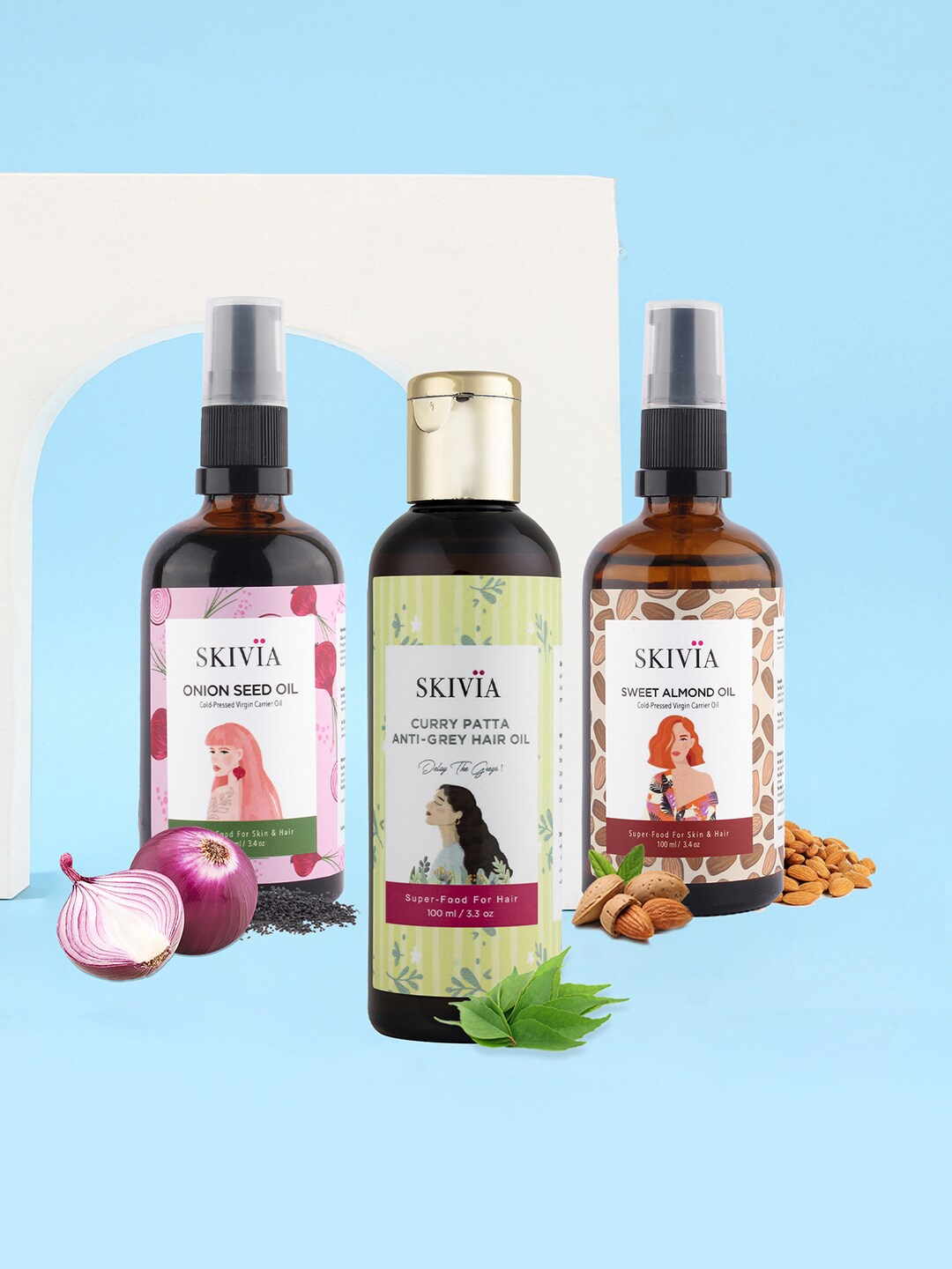 

SKIVIA Set of Onion + Sweet Almond Carrier Oil & Curry Patta Anti Grey Hair Oil-100ml Each, White