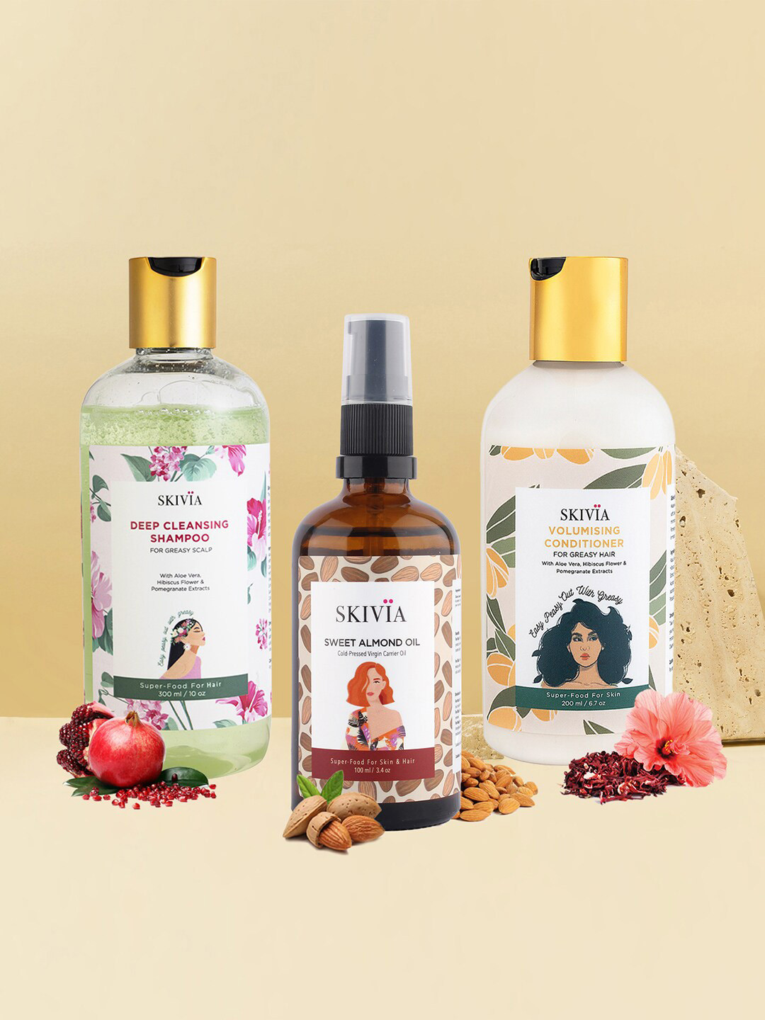 

SKIVIA Set of 3 Deep Cleansing Shampoo, Volumising Conditioner & Sweet Almond Oil - 600 ml, Transparent
