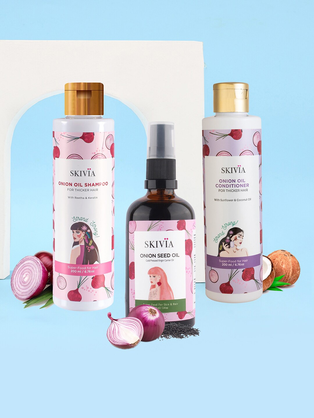 

SKIVIA Set of 3 Onion Seed Oil, Shampoo & Conditioner - 500 ml, Transparent