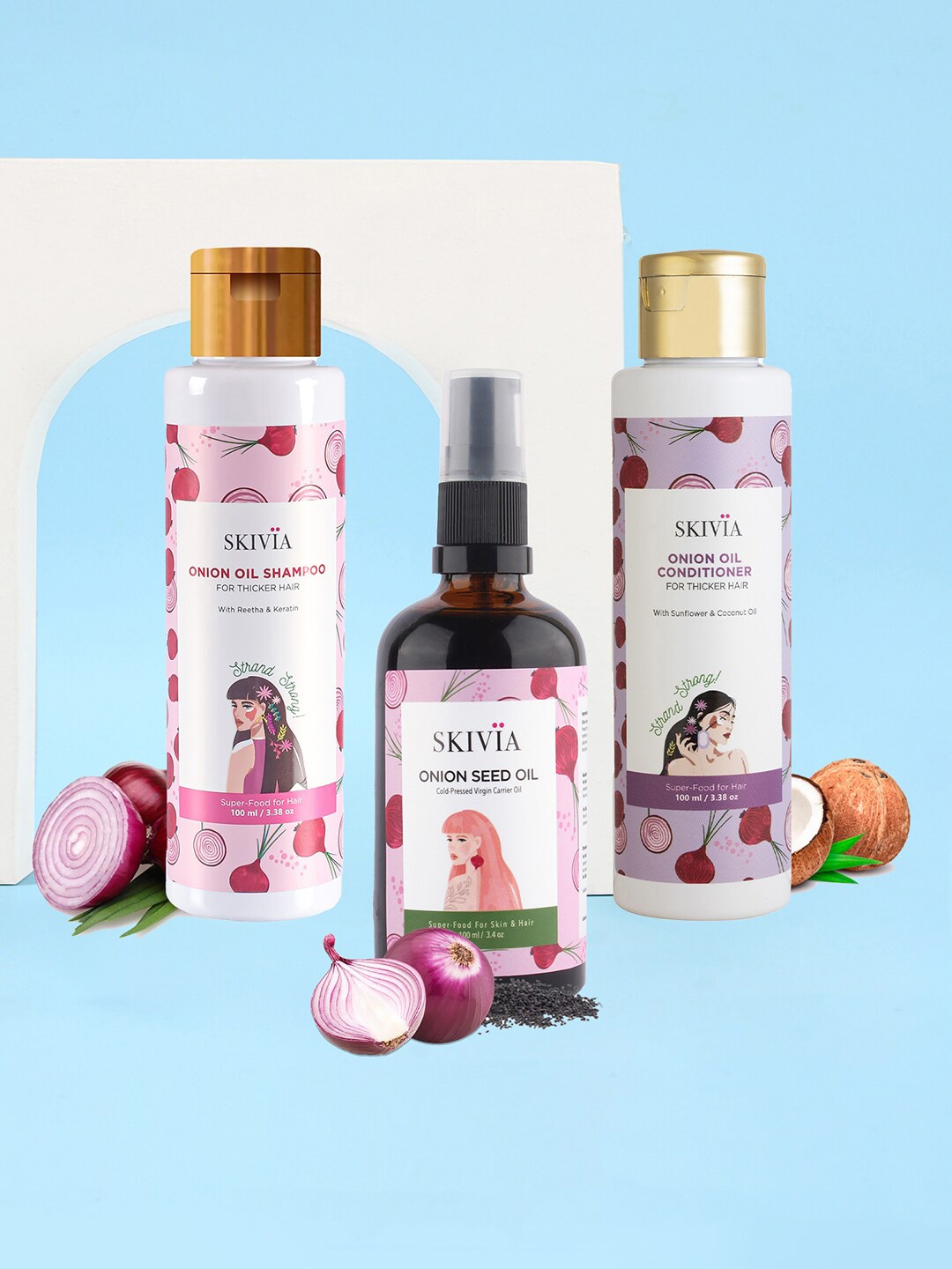 

SKIVIA Set of 3 Onion Seed Oil, Shampoo & Conditioner - 100 ml Each, Transparent