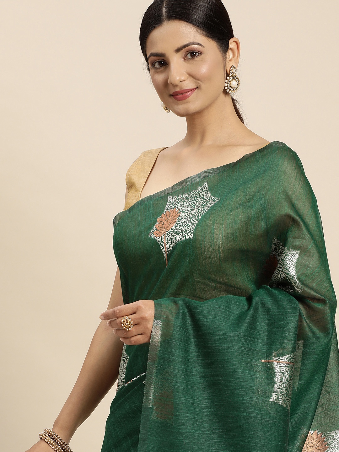 

APPLIX STYLE Woven Design Zari Pure Linen Banarasi Saree, Green
