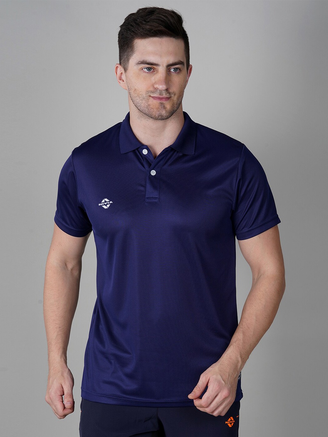 

NIVIA Men Navy Blue Polo Collar Applique T-shirt