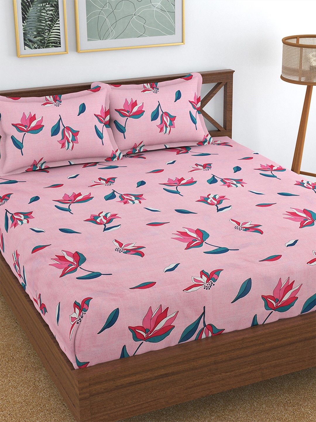 

Hammer Home Pink & Blue Floral 144 TC Fitted King Bedsheet with 2 Pillow Covers