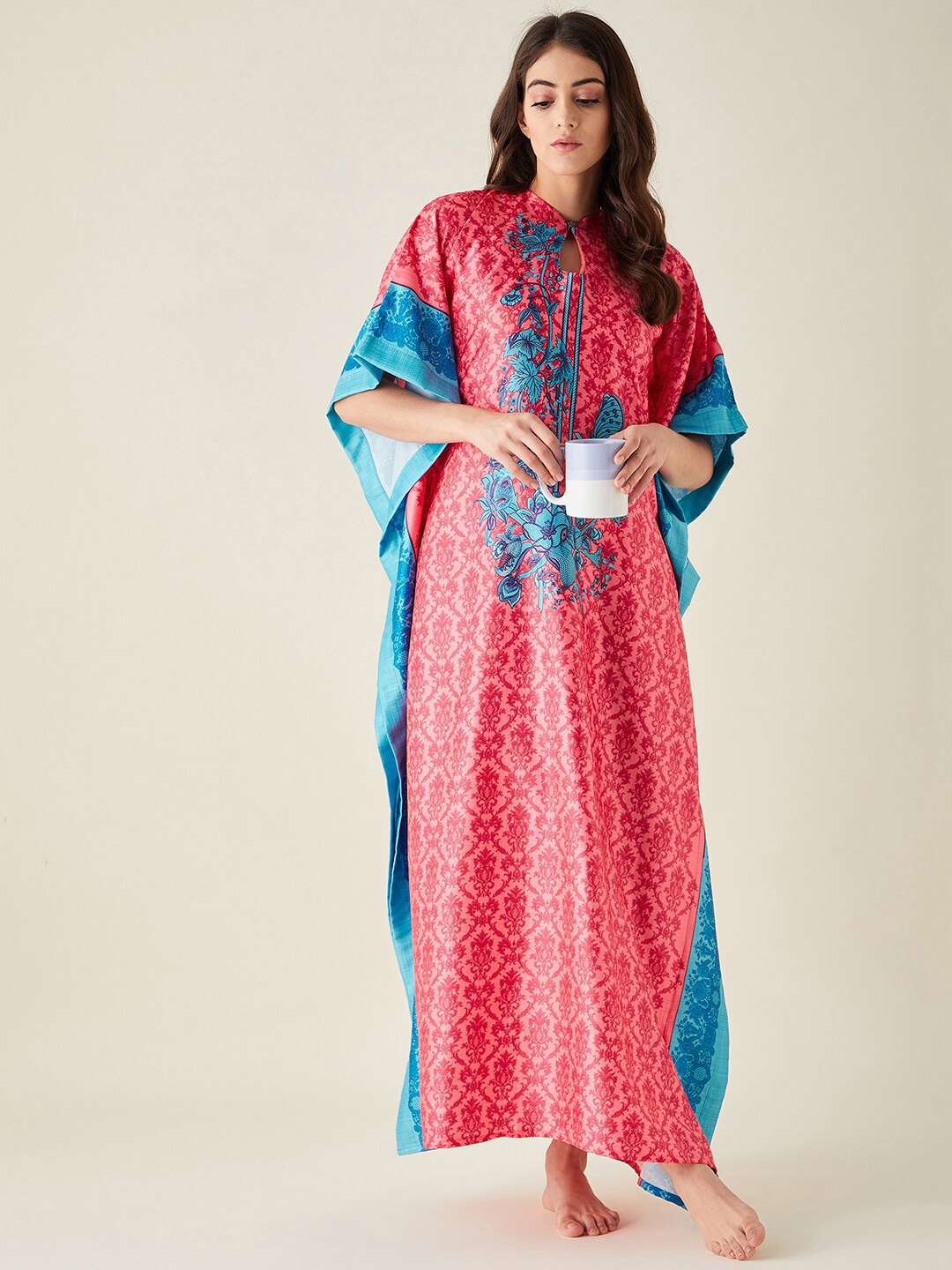 

The Kaftan Company Floral Printed Satin Maxi Nightdress, Fuchsia