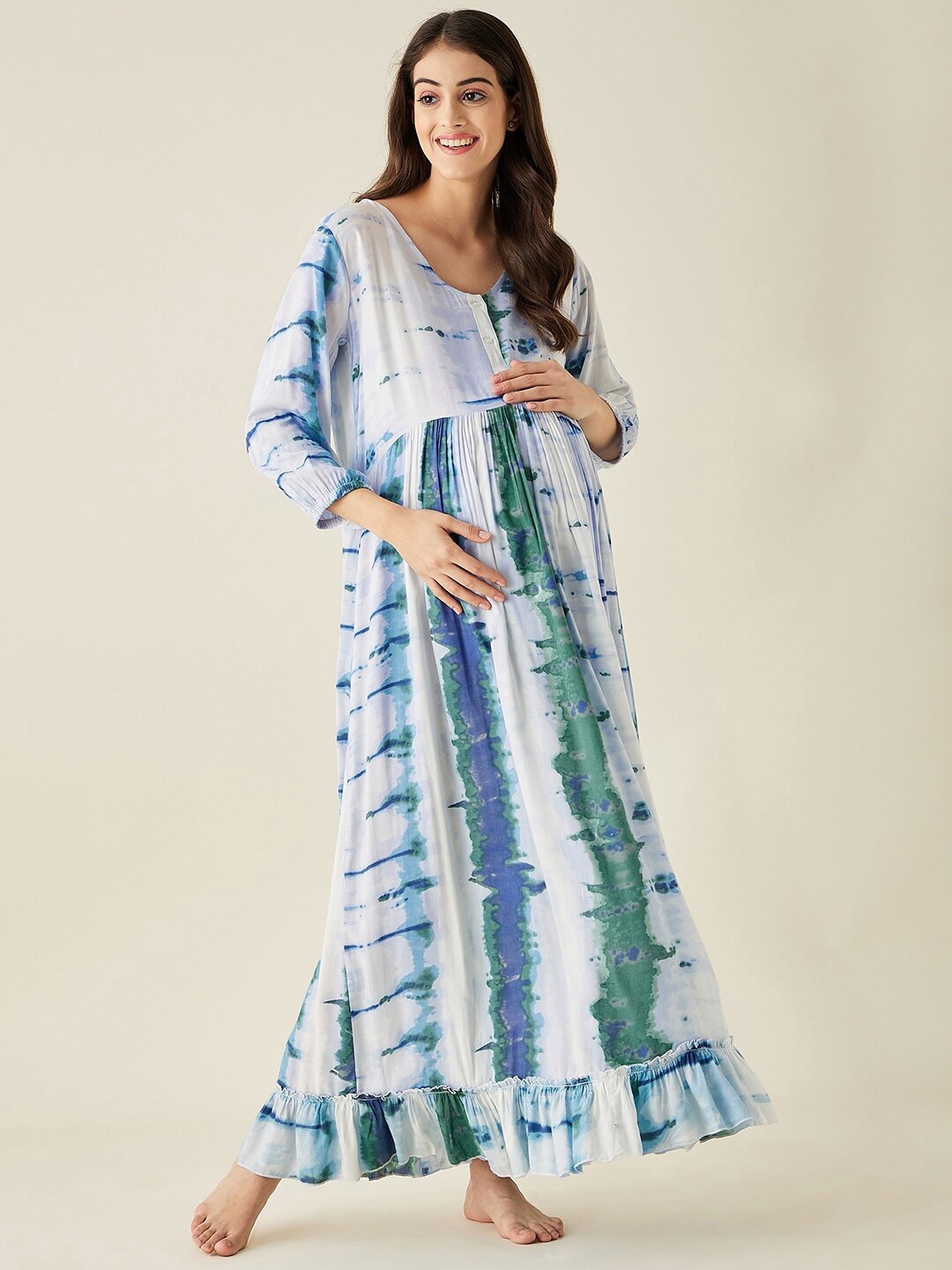 

The Kaftan Company Tie & Dye Printed Maxi Nightdress, Blue