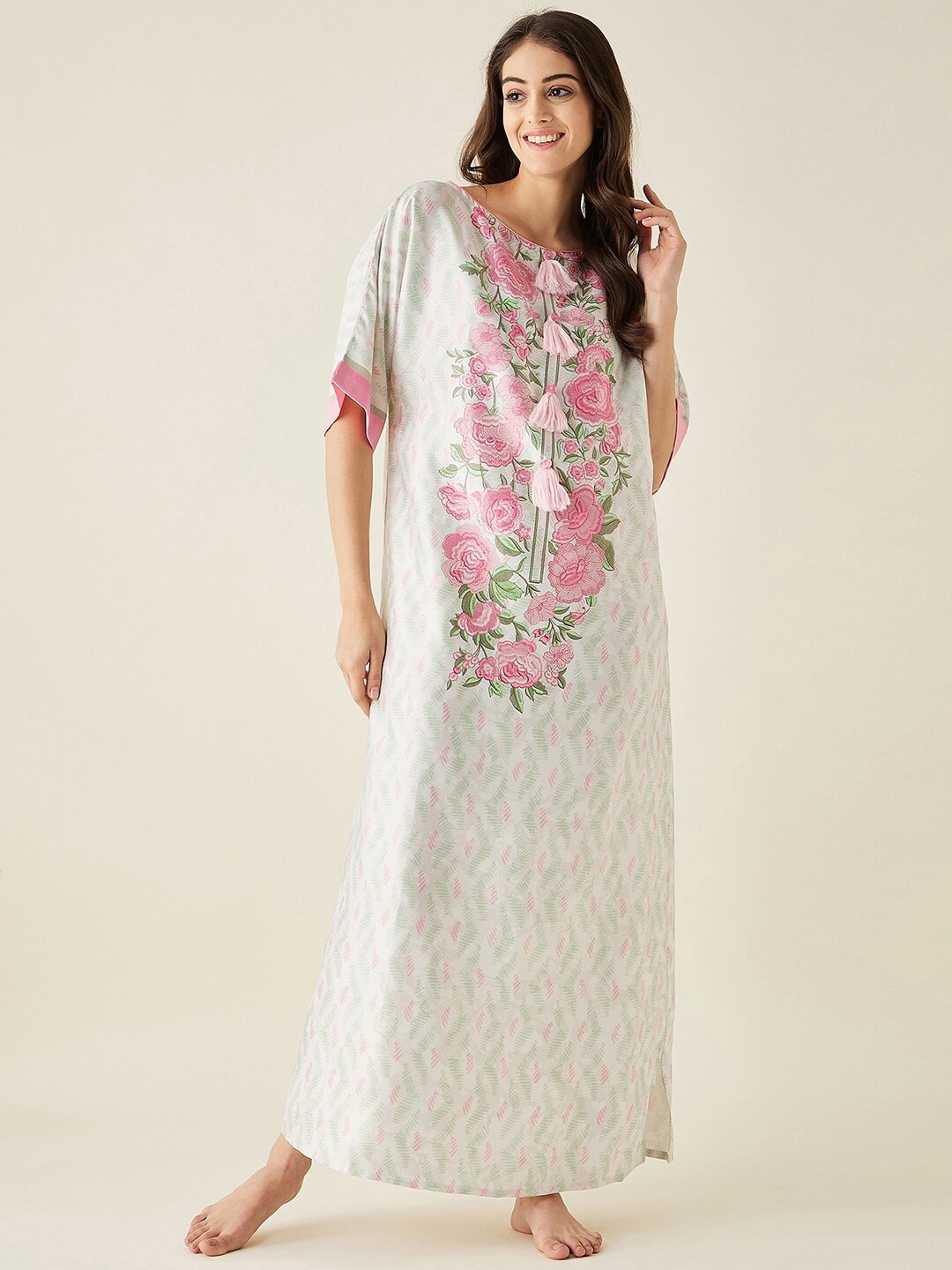 

The Kaftan Company Floral Printed Satin Maxi Nightdress, White