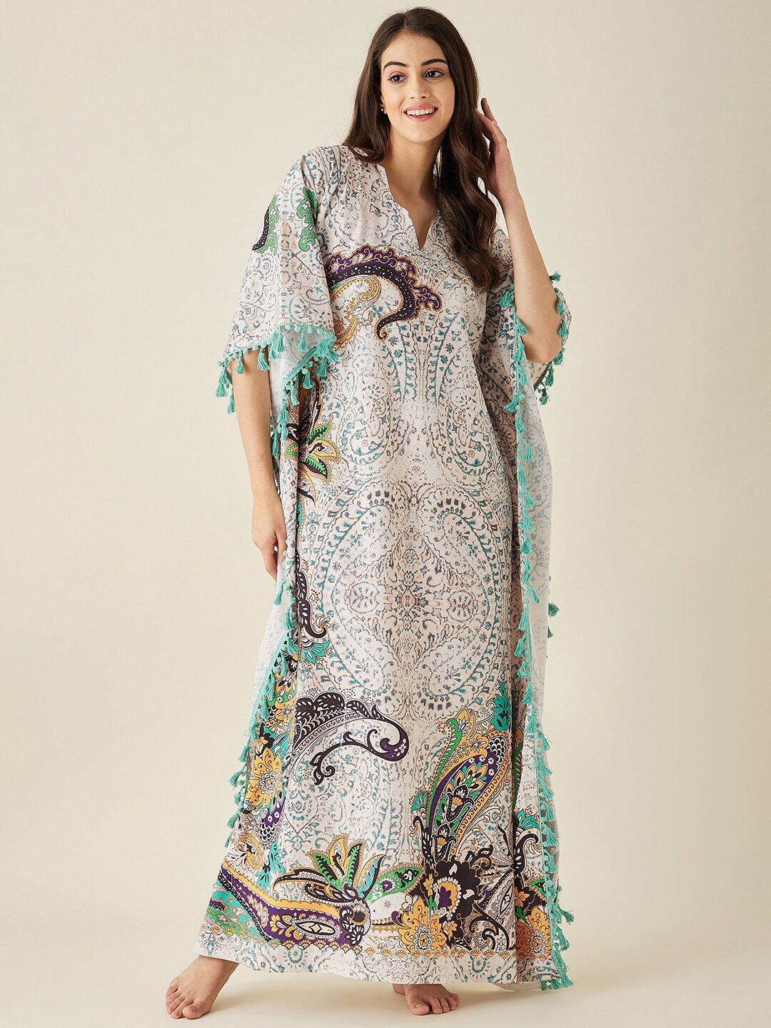 

The Kaftan Company Beige Printed Maxi Nightdress