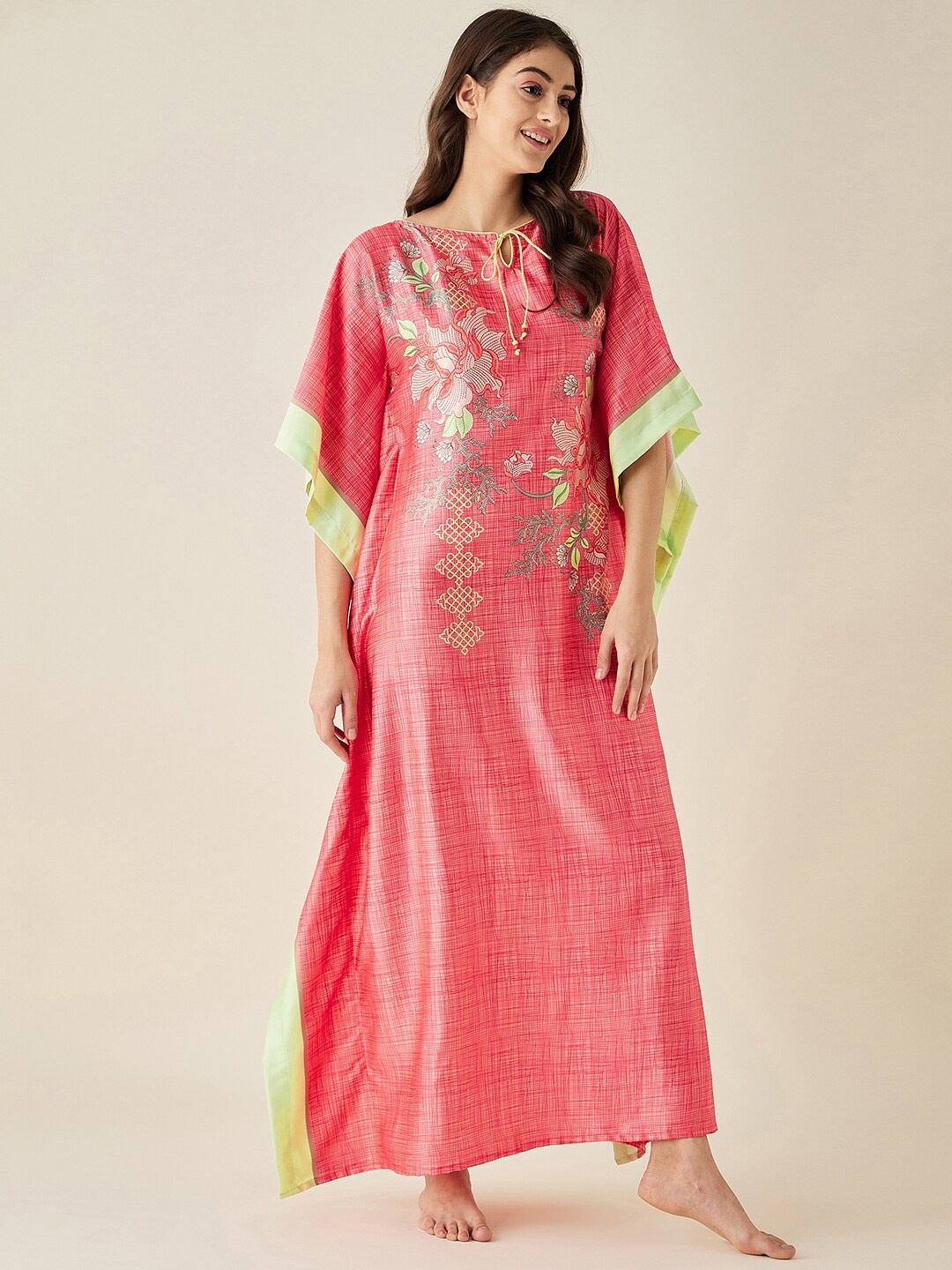 

The Kaftan Company Floral Printed Satin Maxi Nightdress, Coral