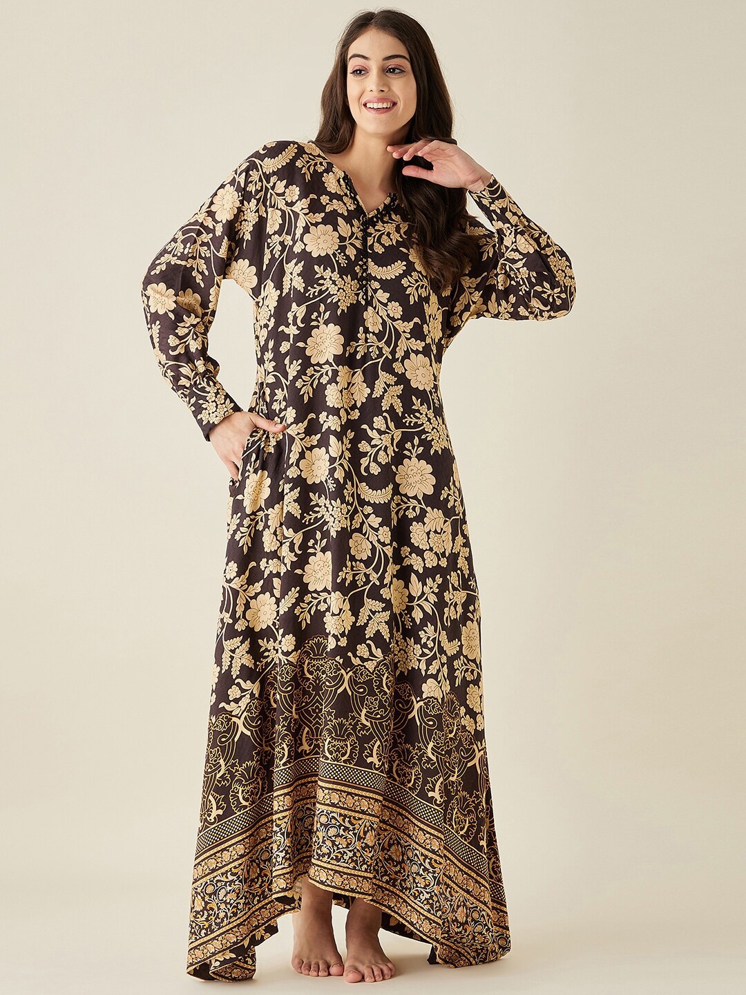 

The Kaftan Company Floral Printed Maxi Nightdress, Brown
