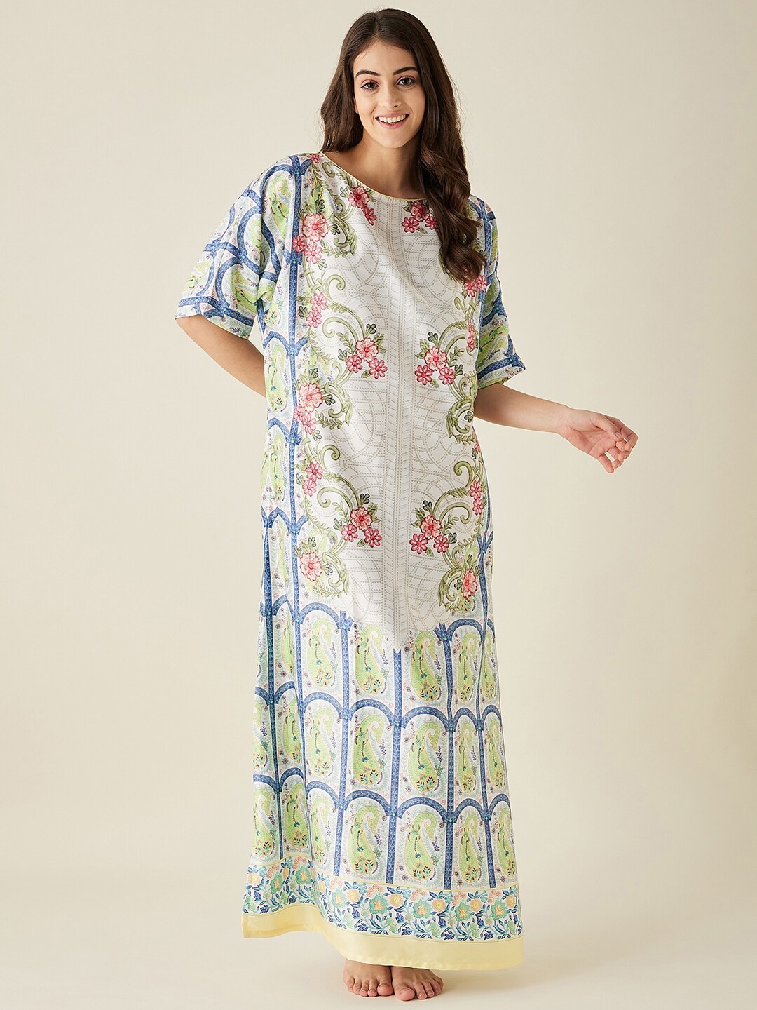 

The Kaftan Company Floral Printed Satin Maxi Nightdress, White