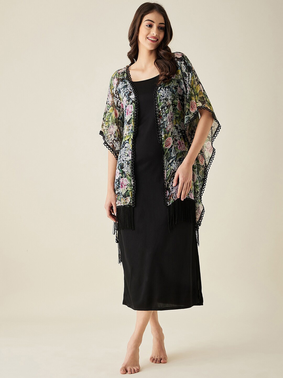 

The Kaftan Company Floral Printed Maxi Nightdress, Black