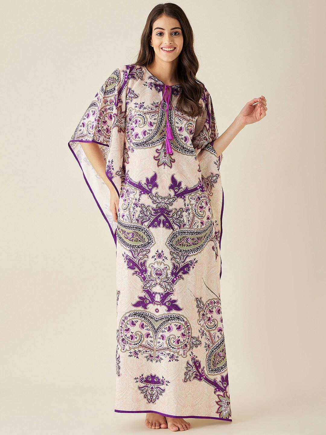 

The Kaftan Company Ethnic Motifs Printed Maxi Nightdress, Beige