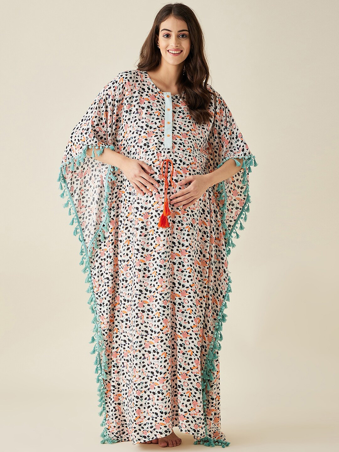 

The Kaftan Company Women Printed Maternity Maxi Nightdress, White